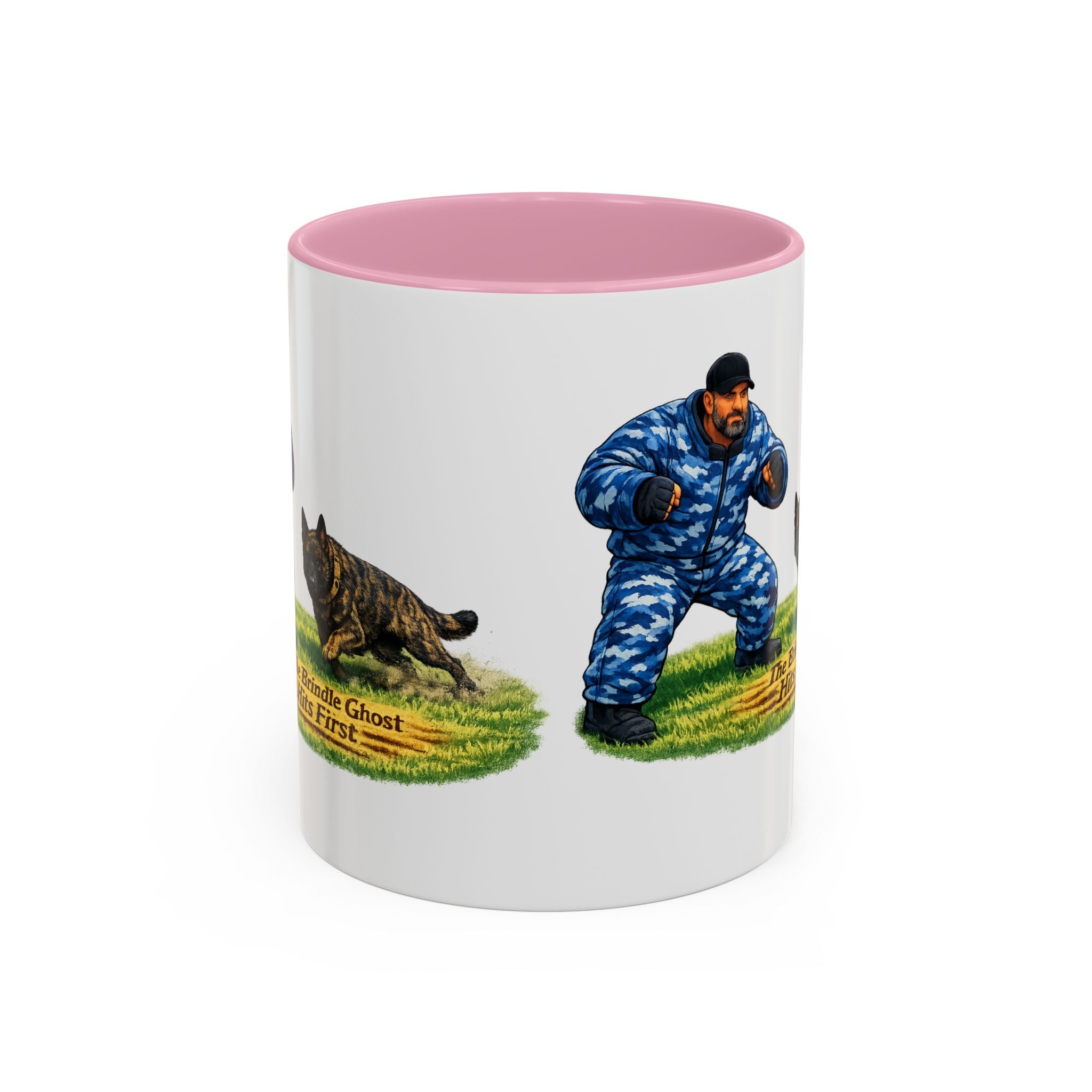 K9 Protection Trainer Mug — “The Brindle Ghost Hits First” Color Accent Coffee Cup (11oz/15oz)