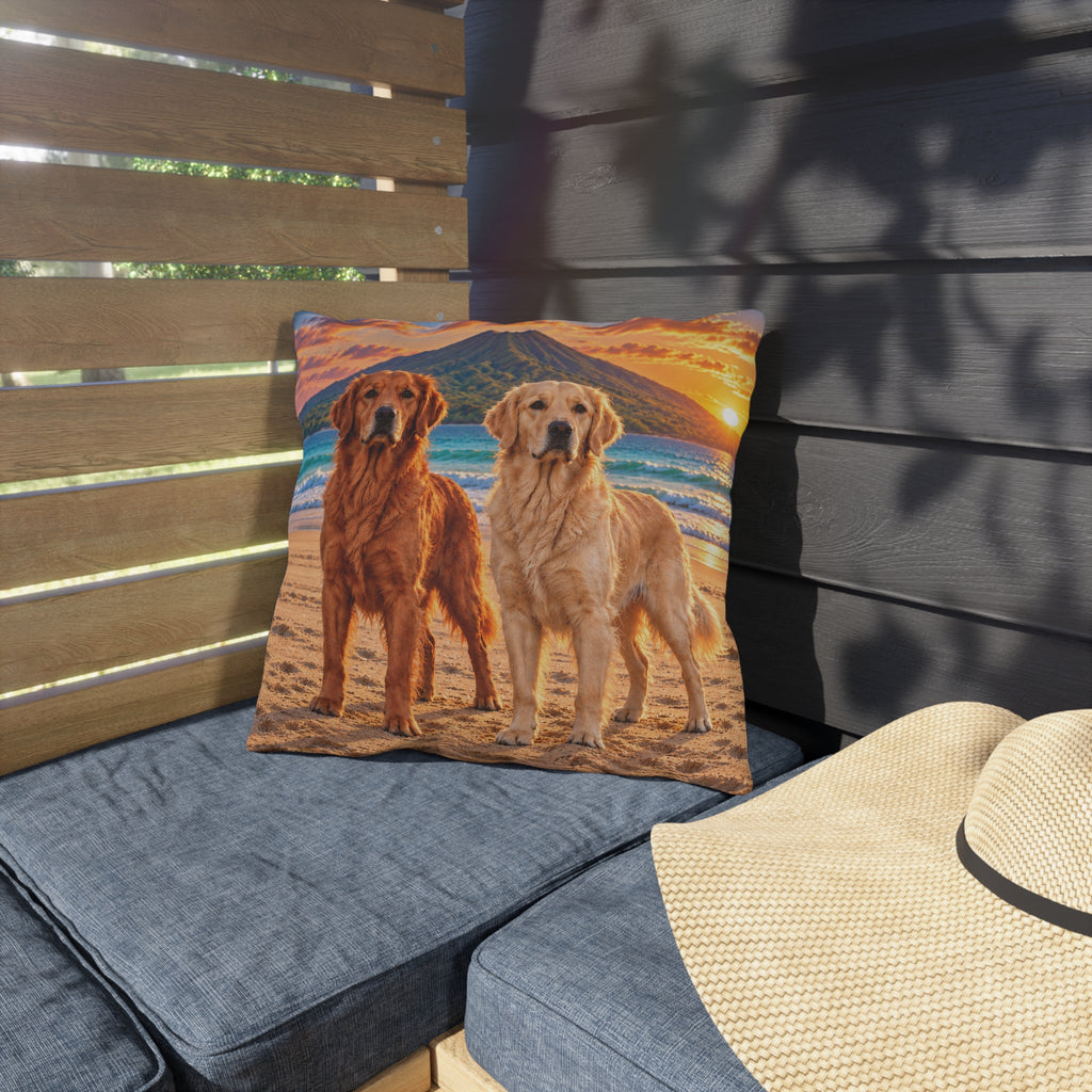 Golden Retrievers Beach Sunset Outdoor Pillow