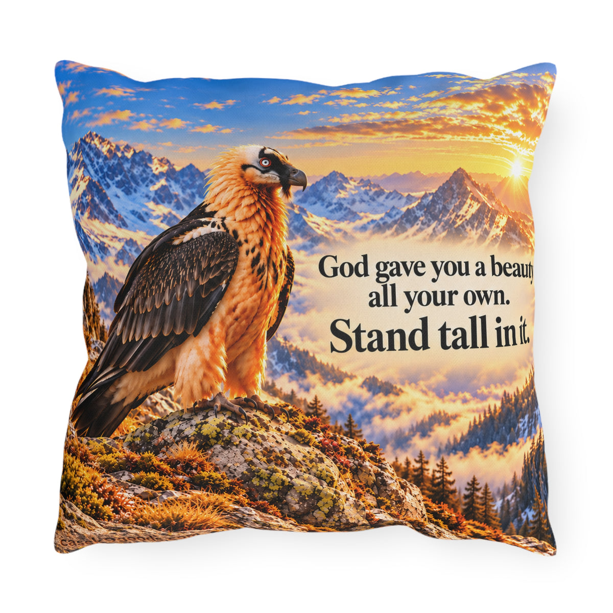 Outdoor Pillow – Majestic Vulture Mountain Sunset, “Stand Tall” Inspirational Quote