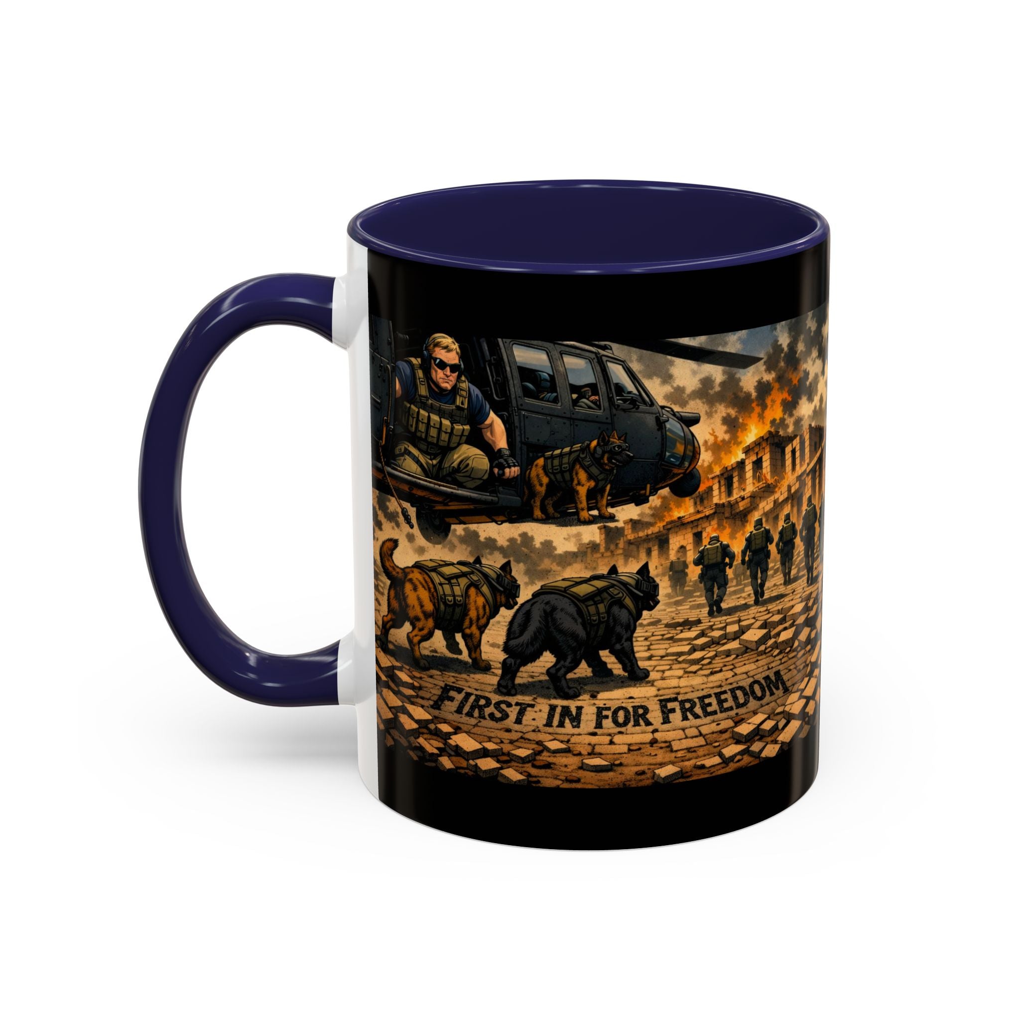 Military K9 Coffee Mug — 'First In for Freedom' Accent Ceramic Mug