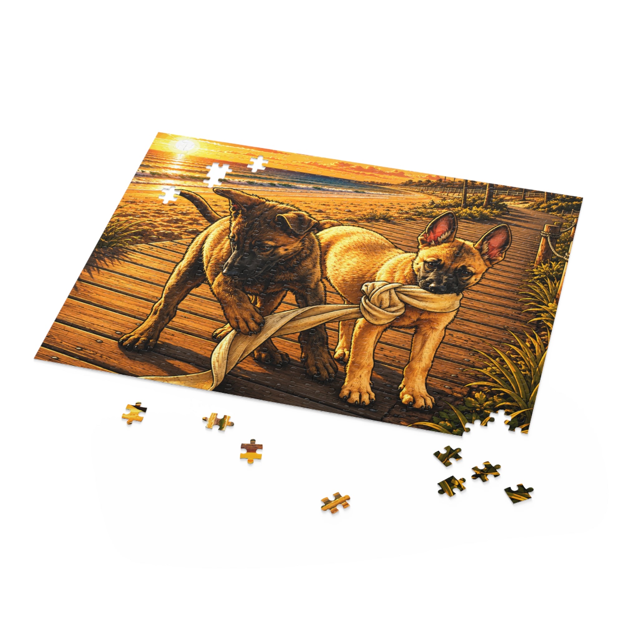 Sunset Beach Puppies Puzzle — Dogs Playing on Boardwalk (120/252/500-Piece)