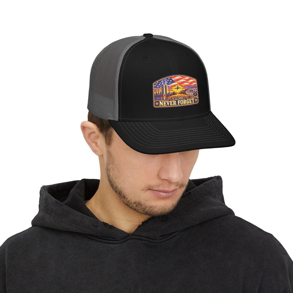 Never Forget Trucker Cap — American Flag 9/11 Memorial Snapback
