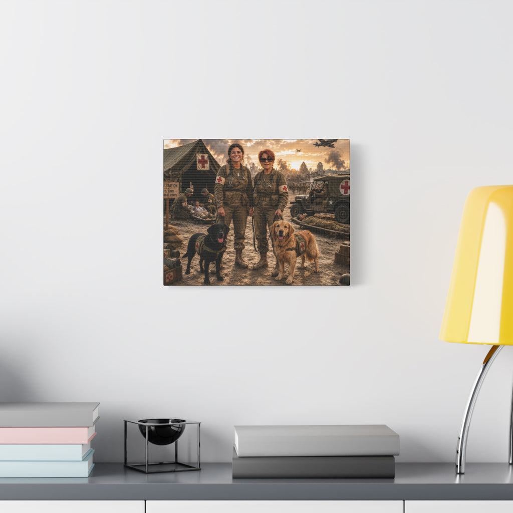 Military Women K9 Medics & Service Dogs Matte Canvas Print — Vintage Wartime Field Hospital Wall Art
