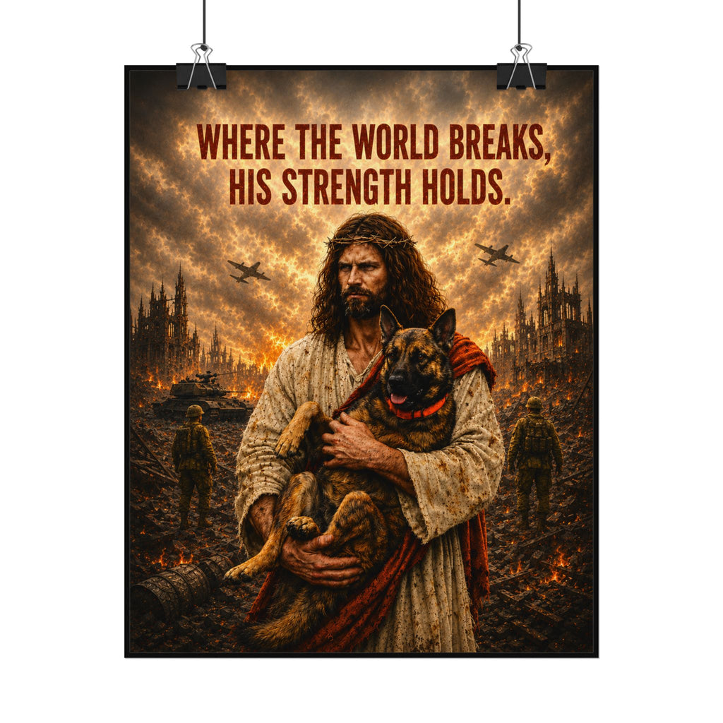 Christian Inspirational Poster — "Where the World Breaks, His Strength Holds" Matte Art