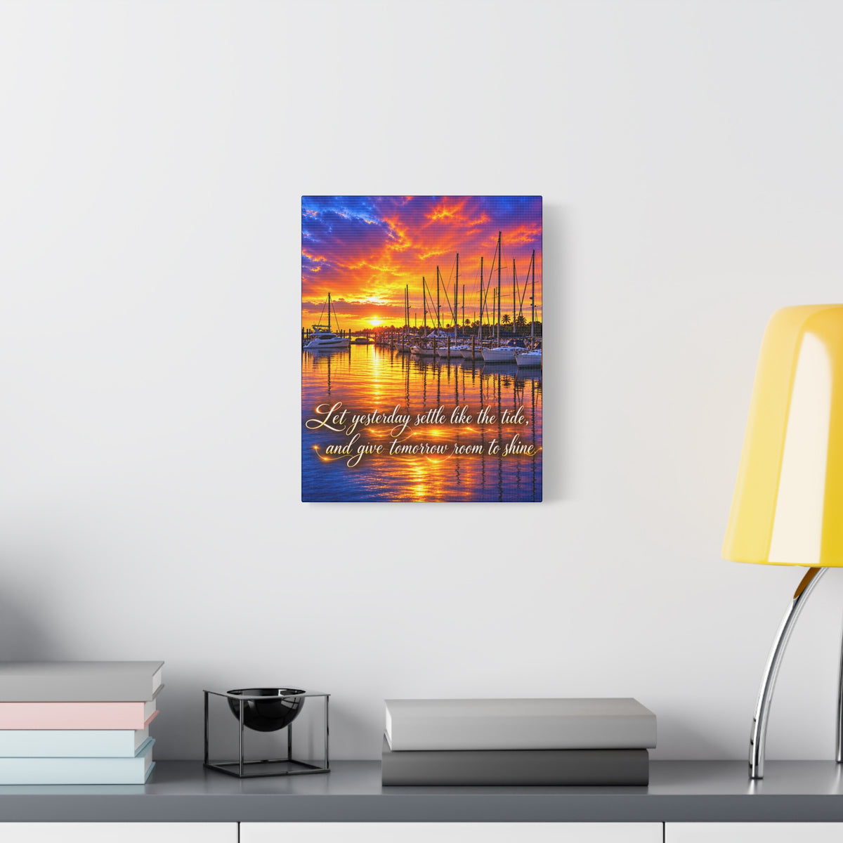 Sunset Marina Canvas Wall Art – “Let Yesterday Settle Like the Tide” Inspirational Coastal Decor