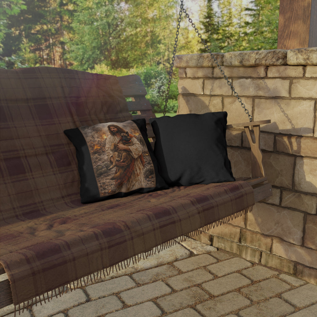 Religious Rescue Outdoor Pillow — Jesus Carrying Dog Memorial Accent Cushion