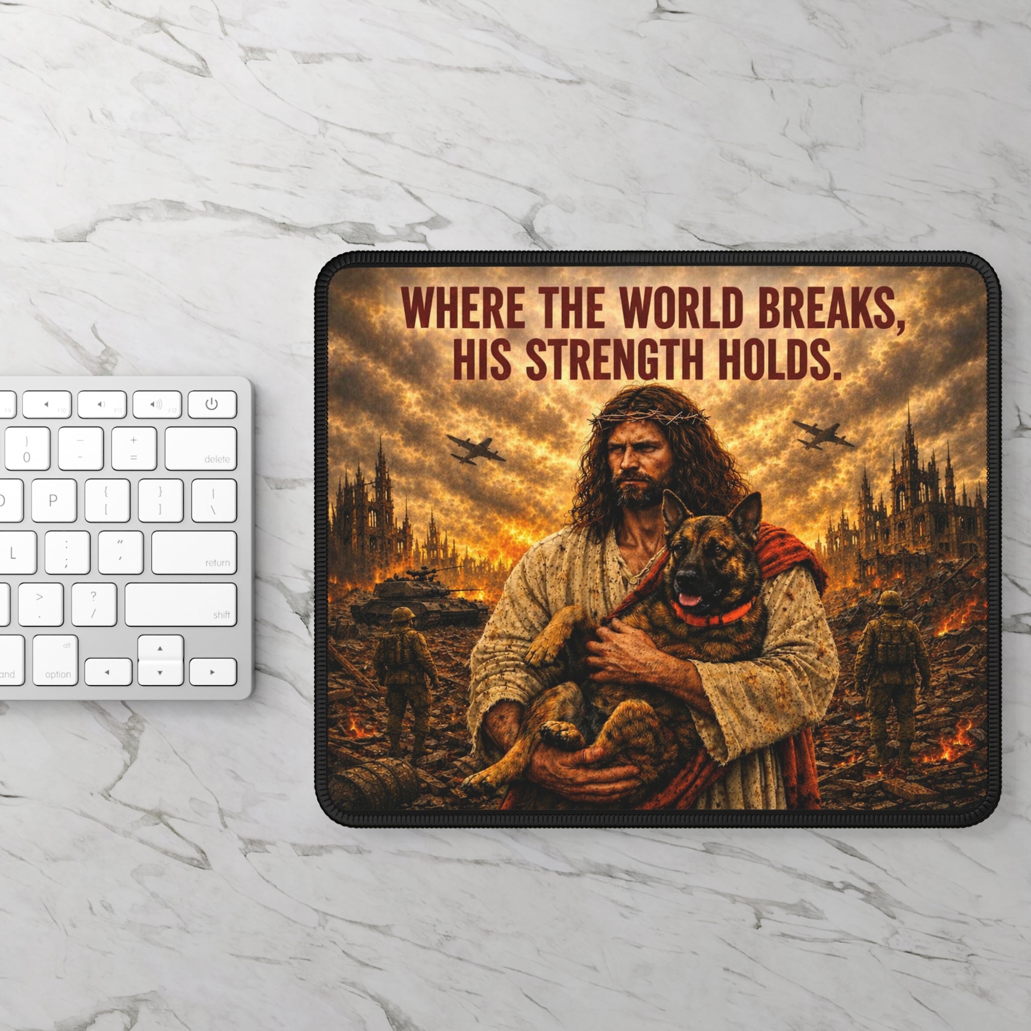 Gaming Mouse Pad — "Where the World Breaks, His Strength Holds" Inspirational Jesus Design