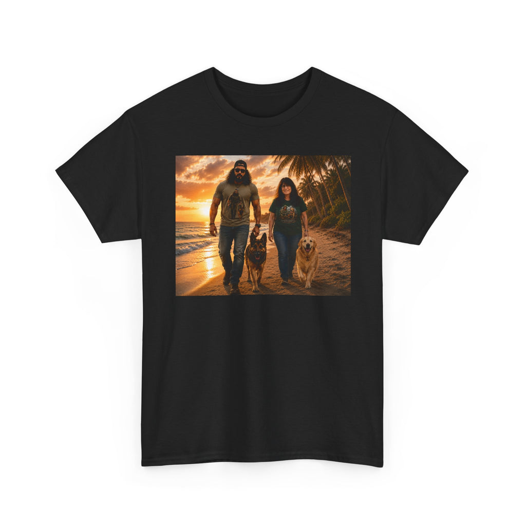 Family Beach Walk Graphic Tee — Couple with Dogs Sunset Shirt