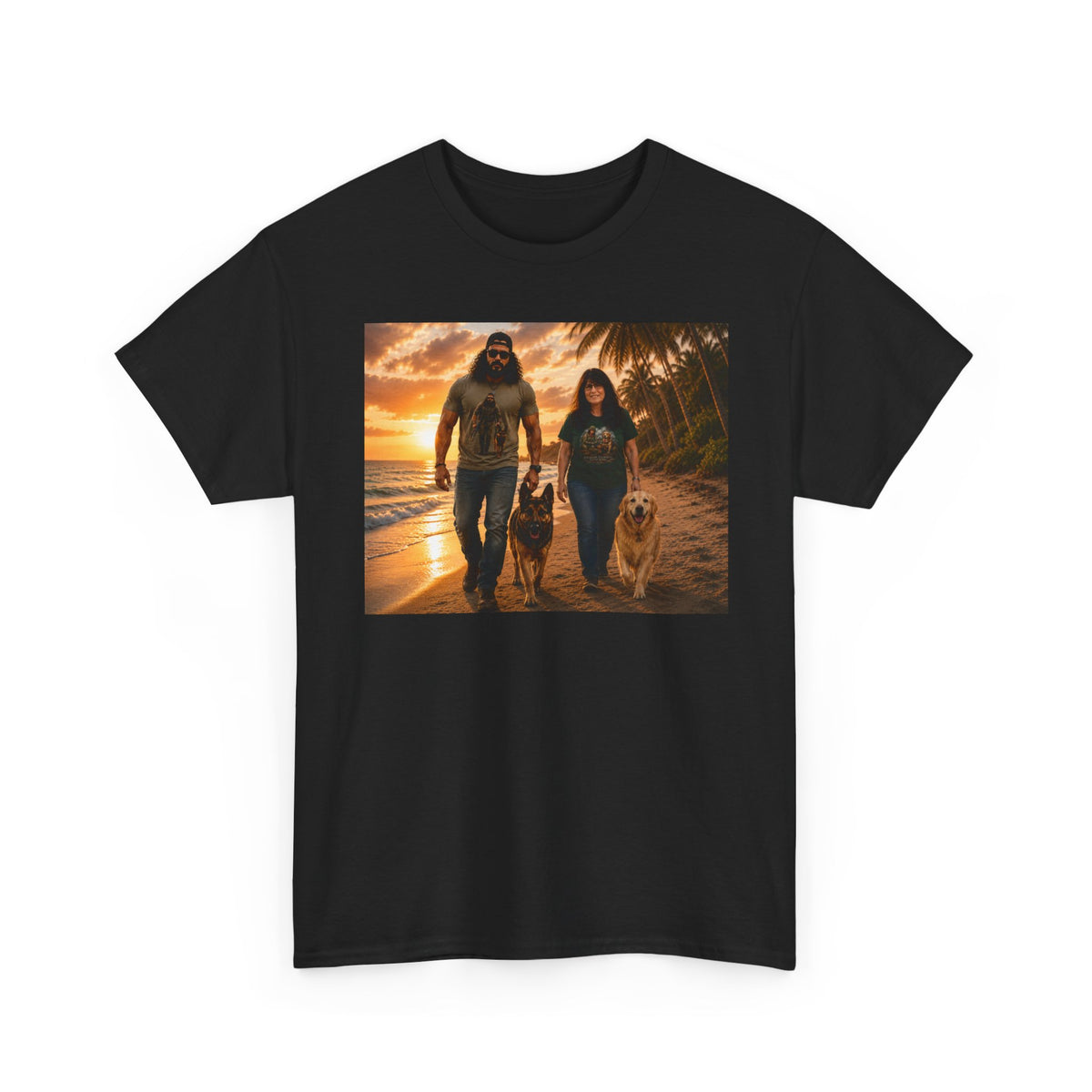 Family Beach Walk Graphic Tee — Couple with Dogs Sunset Shirt