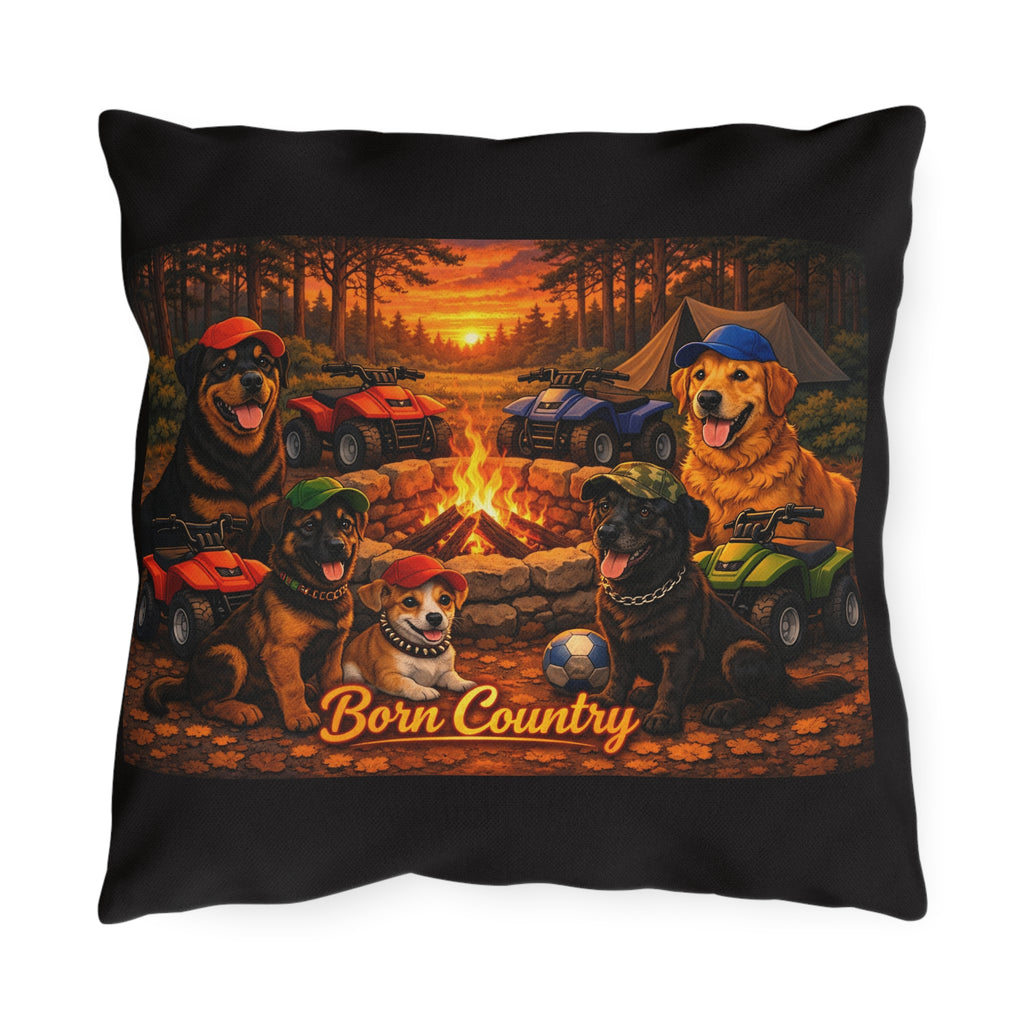 Born Country Camping Dogs Outdoor Pillow — Campfire ATV Canine Throw