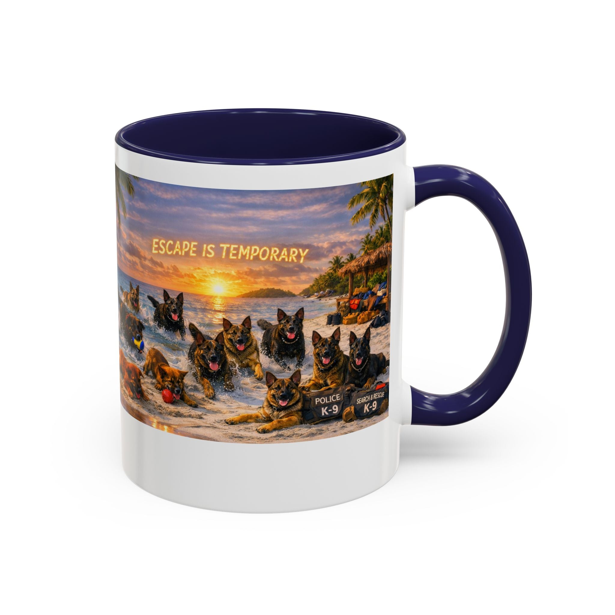 Dutch Shepherd Beach Coffee Mug — "Escape Is Temporary" Accent Mug (11/15oz)