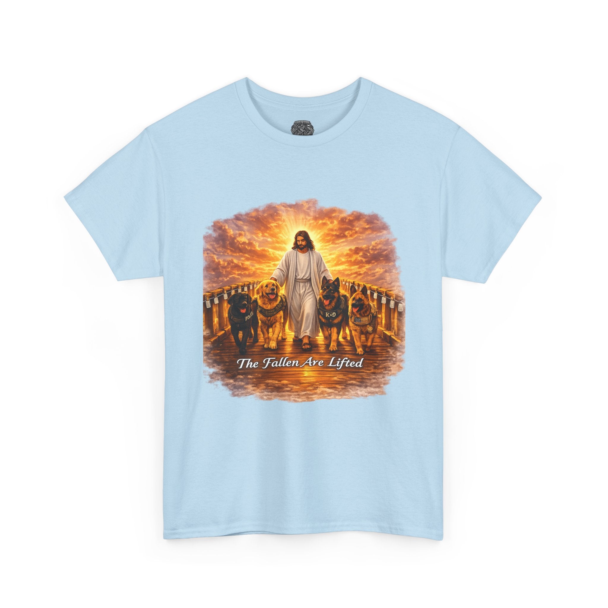 Jesus with Dogs T-Shirt — "The Fallen Are Lifted" Christian Faith Tee