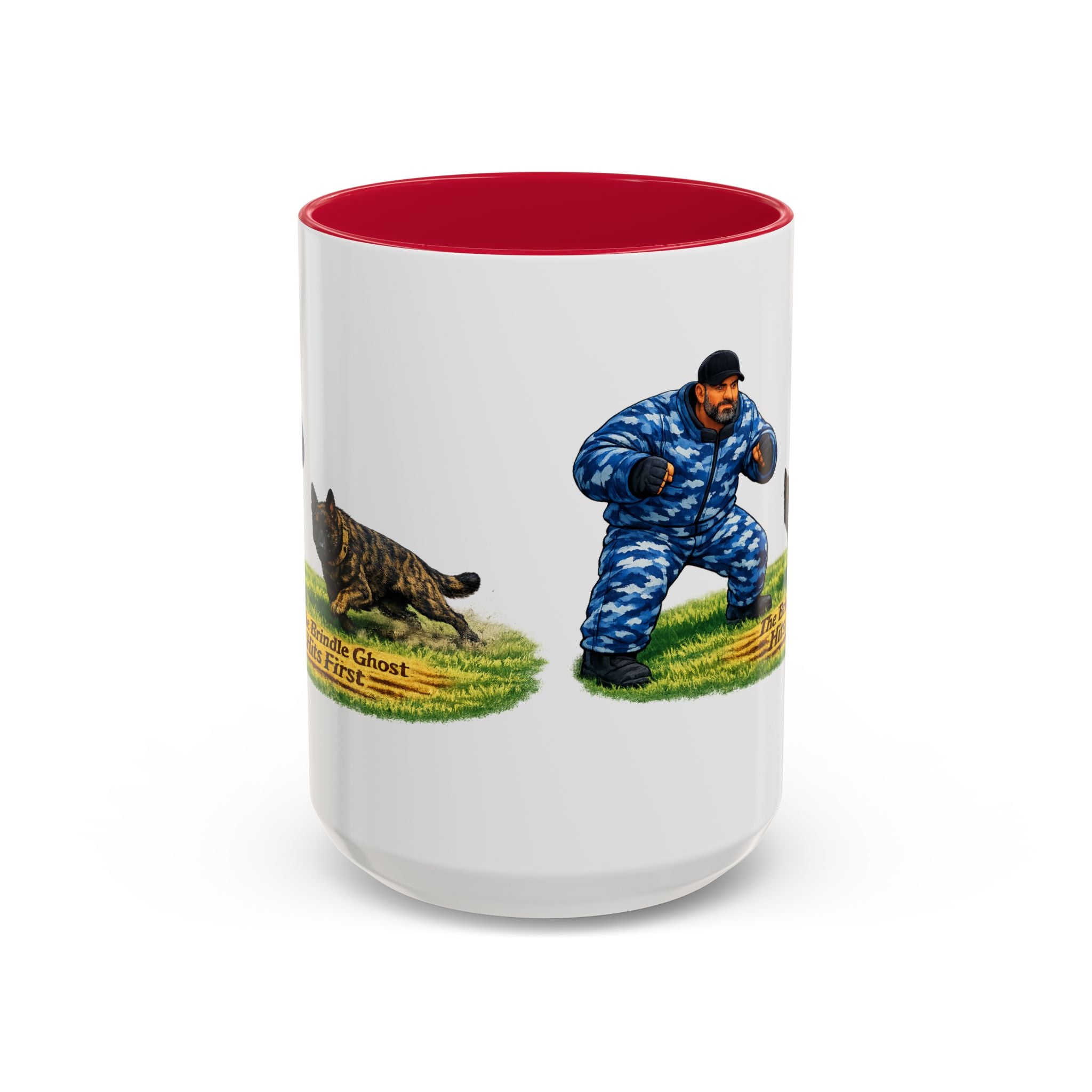 K9 Protection Trainer Mug — “The Brindle Ghost Hits First” Color Accent Coffee Cup (11oz/15oz)