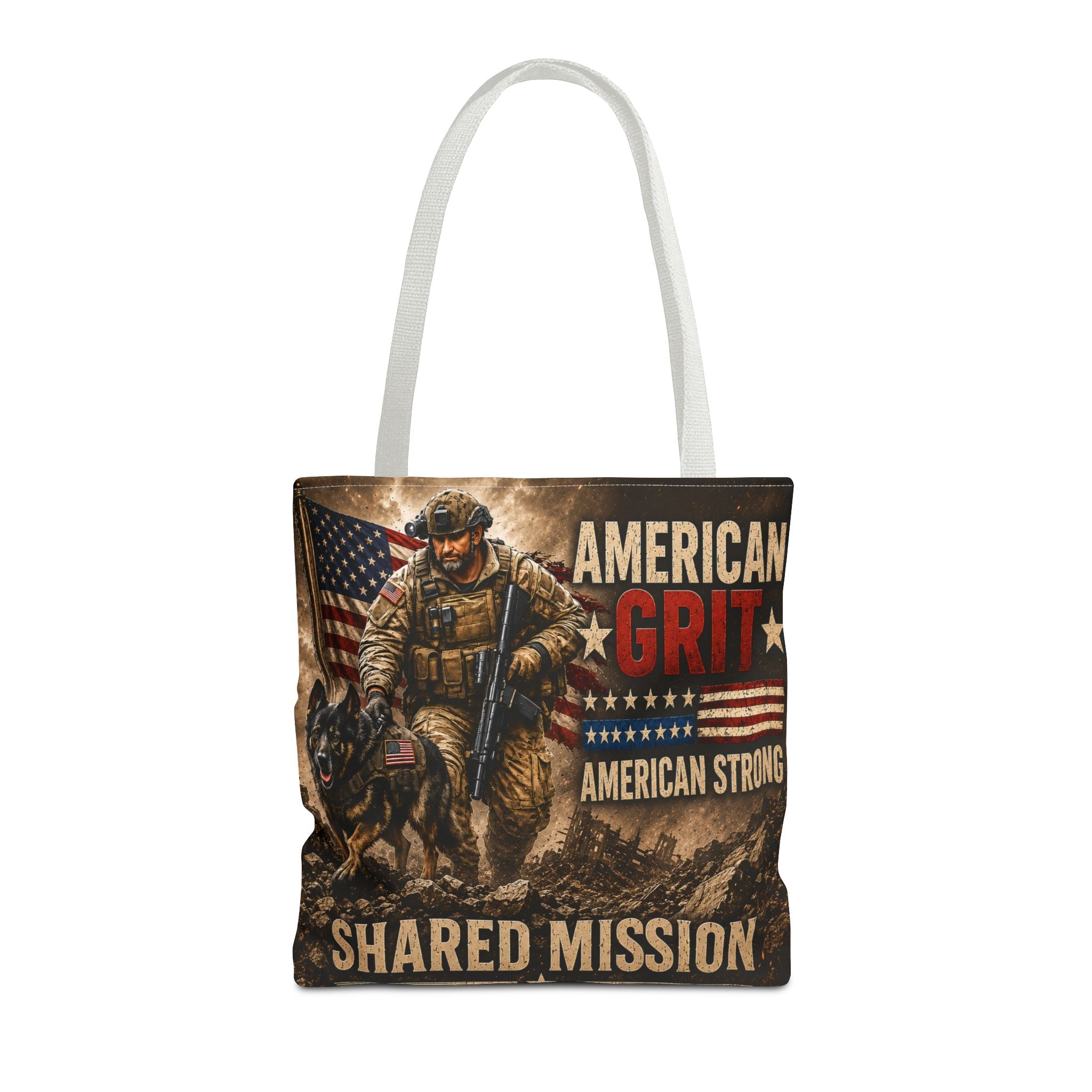 American Grit Military Tote Bag - "Shared Mission" Patriotic Veteran Flag Design