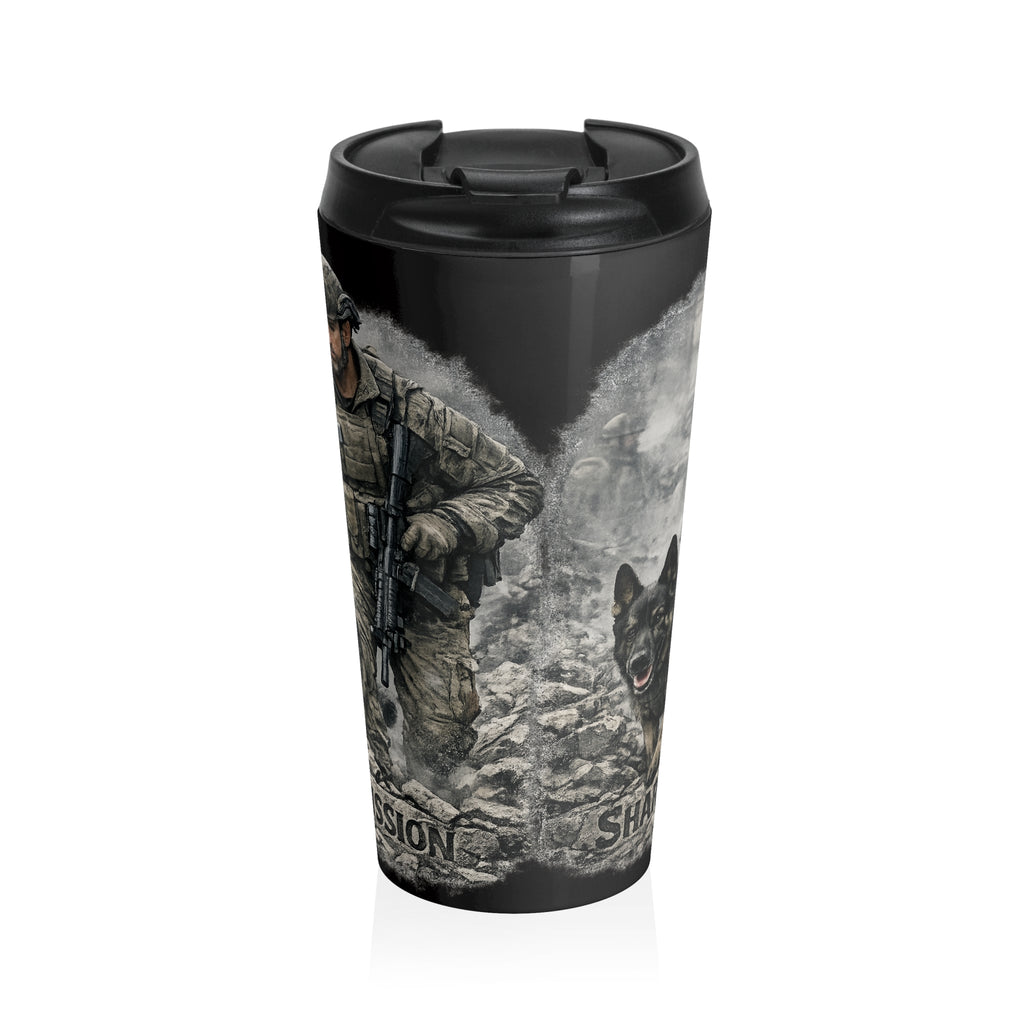 Tactical K9 Stainless Steel Travel Mug — Military Dog Handler Mission Shield Design