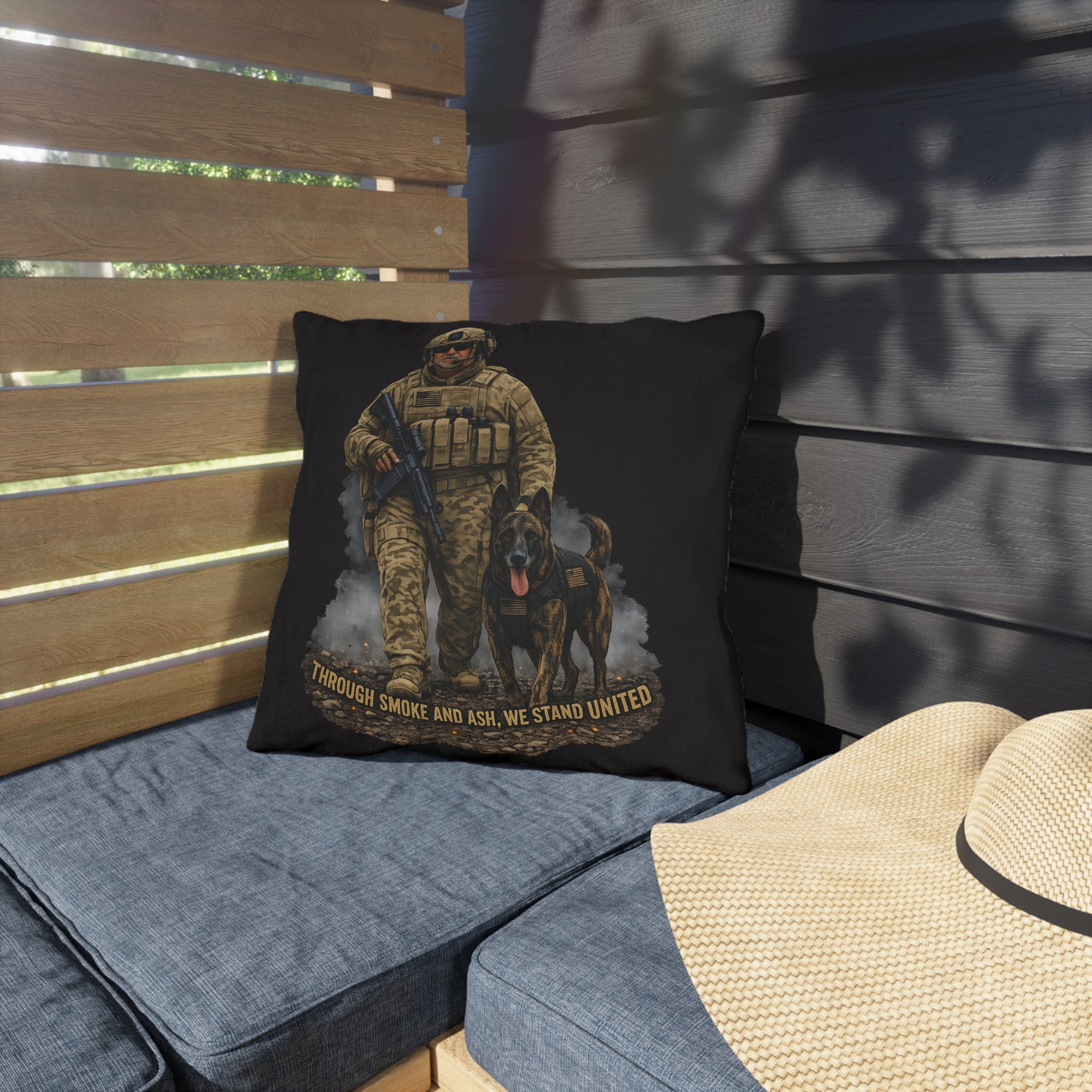 Tactical Soldier & K9 Outdoor Pillow — "Through Smoke and Ash, We Stand United"