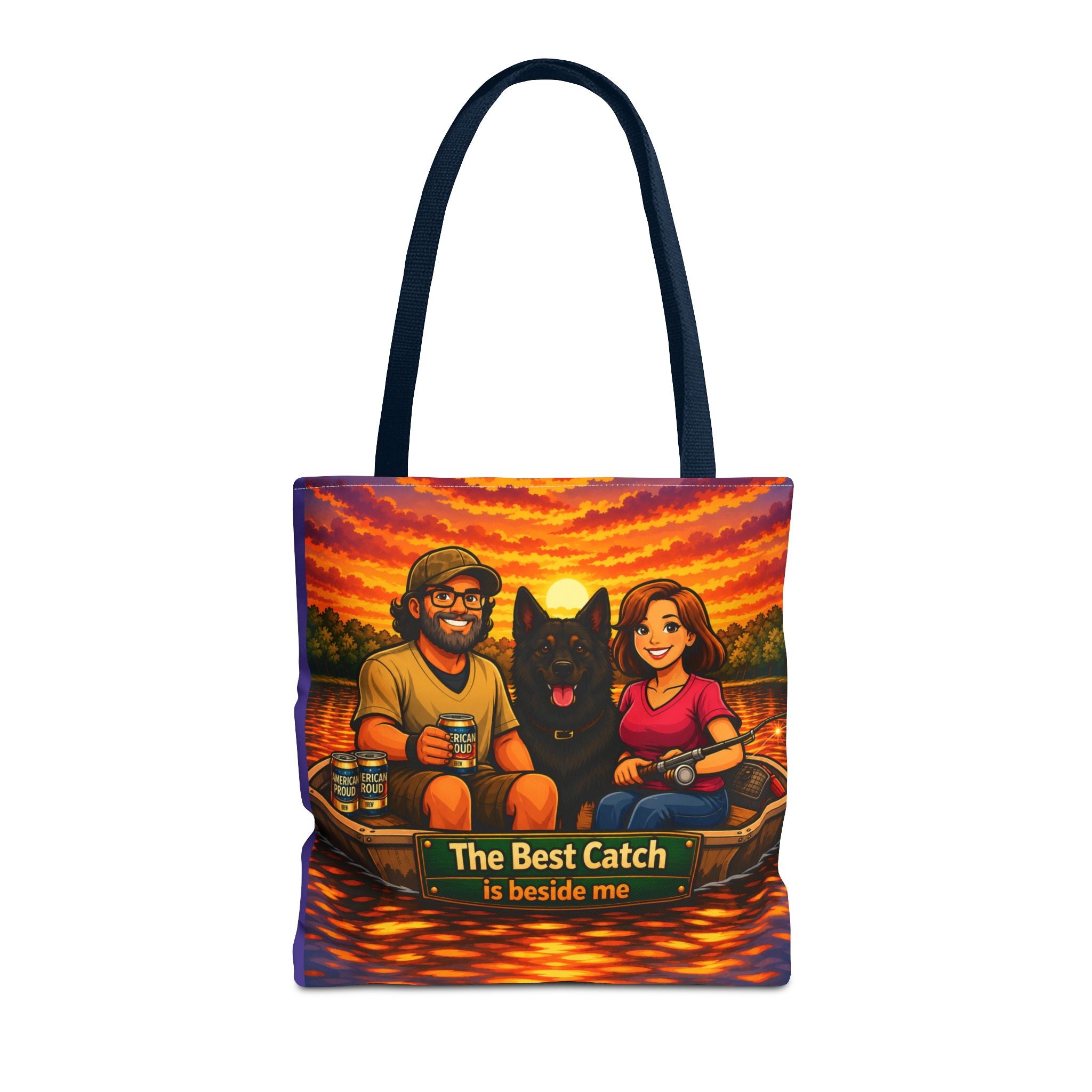 Tote Bag — "The Best Catch Is Beside Me" Fishing Couple & Dog Sunset Tote