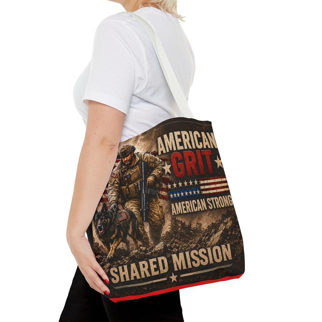 American Grit Military Tote Bag - "Shared Mission" Patriotic Veteran Flag Design