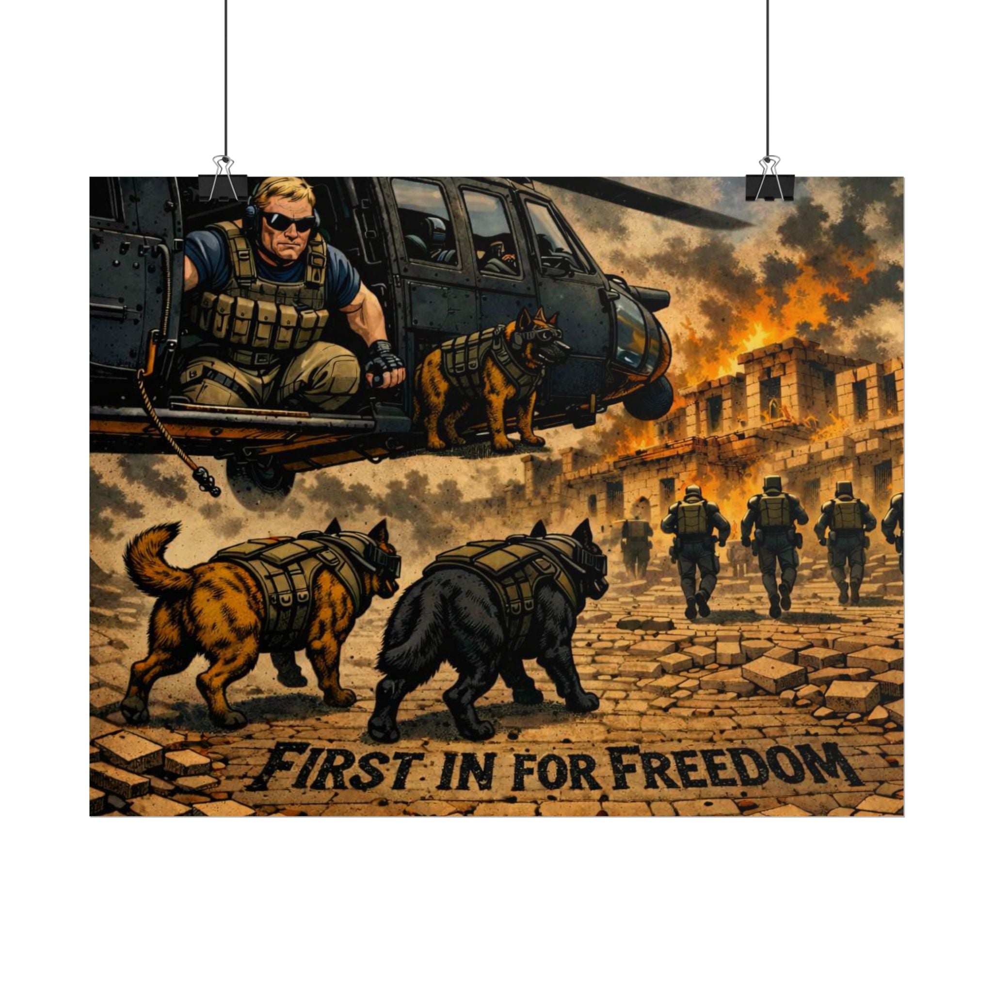 Rolled Poster — "First In For Freedom" Military K9 Helicopter Wall Art
