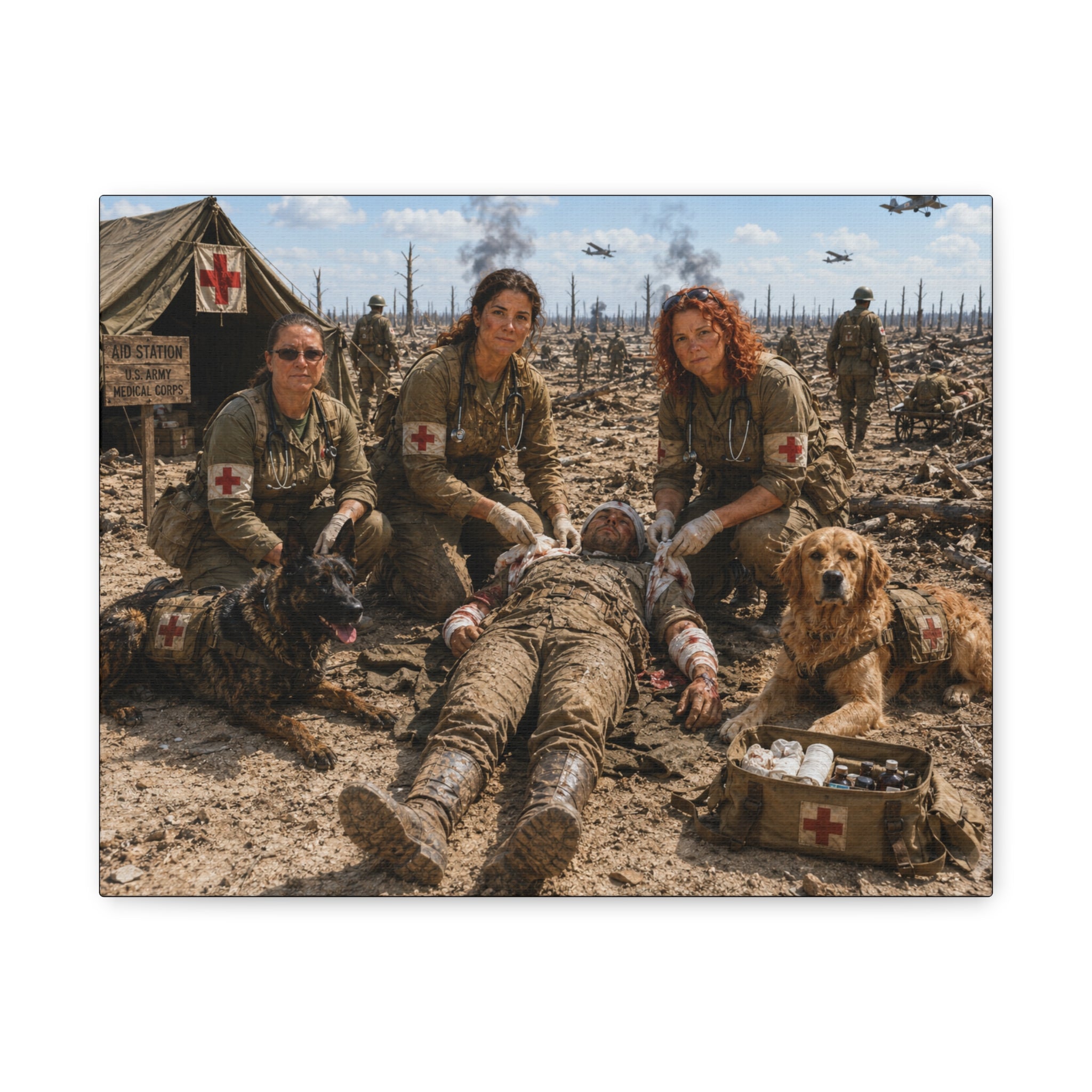 Military Women K-9 Medic Canvas Print — Battlefield Nurse Veterans Wall Art