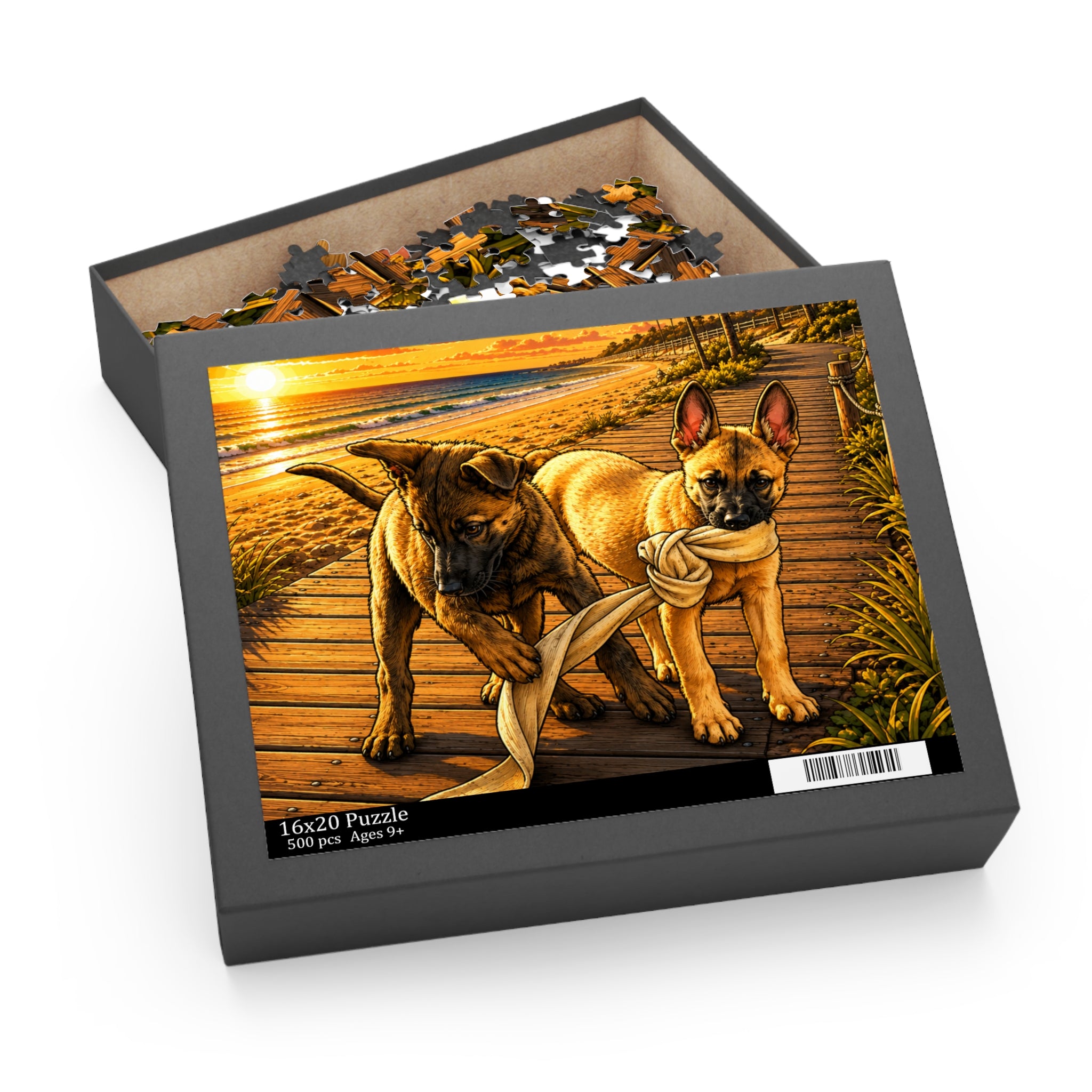 Sunset Beach Puppies Puzzle — Dogs Playing on Boardwalk (120/252/500-Piece)