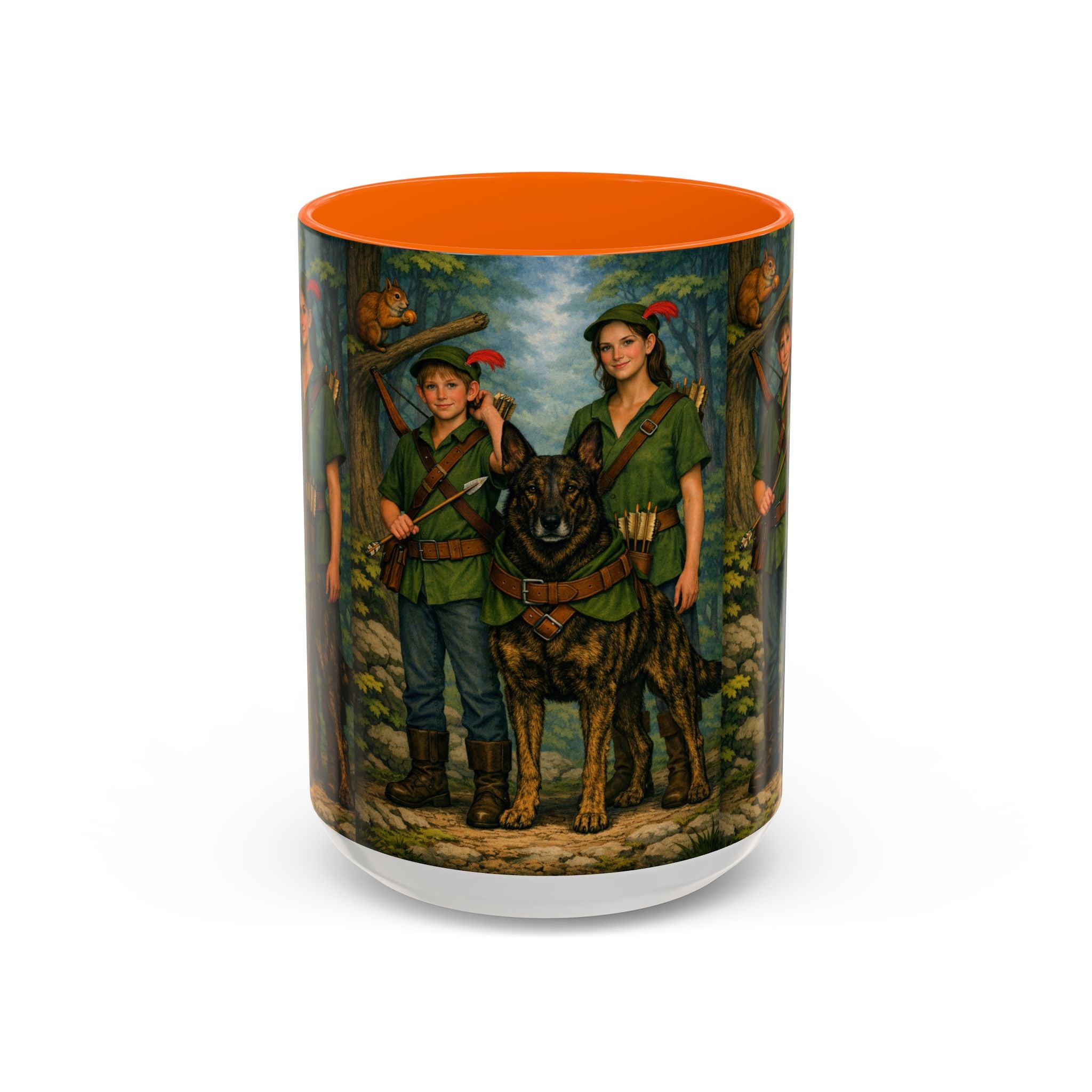 Robin Hood Duo &  Dutch Shepherd Dog Coffee Mug – Fantasy Archer Duo Illustration, Gift for Adventure Fans