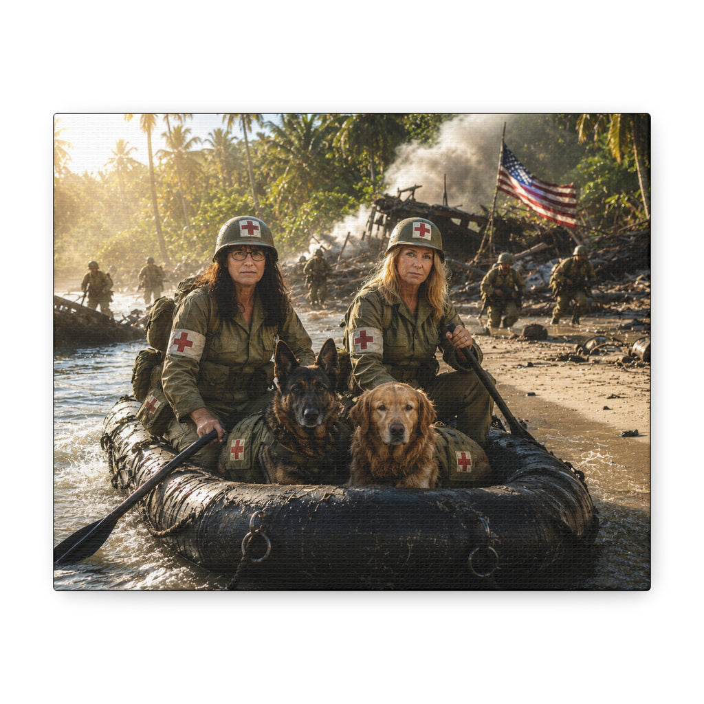 Military Women K-9 Medic Rescue Canvas Print — WWII Beach Landing Wall Art