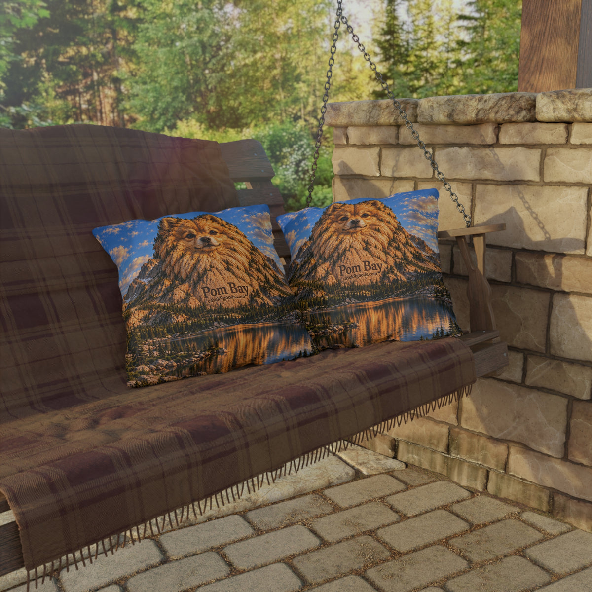 Outdoor Pillow – Pomeranian Dog Mountain Lake Scene