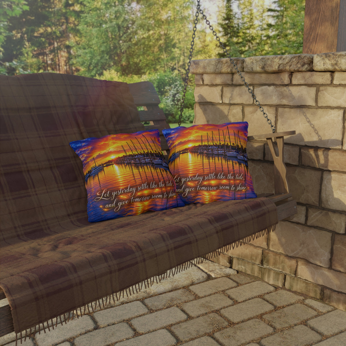 Let Yesterday Settle Like the Tide Sunset Marina Outdoor Pillow