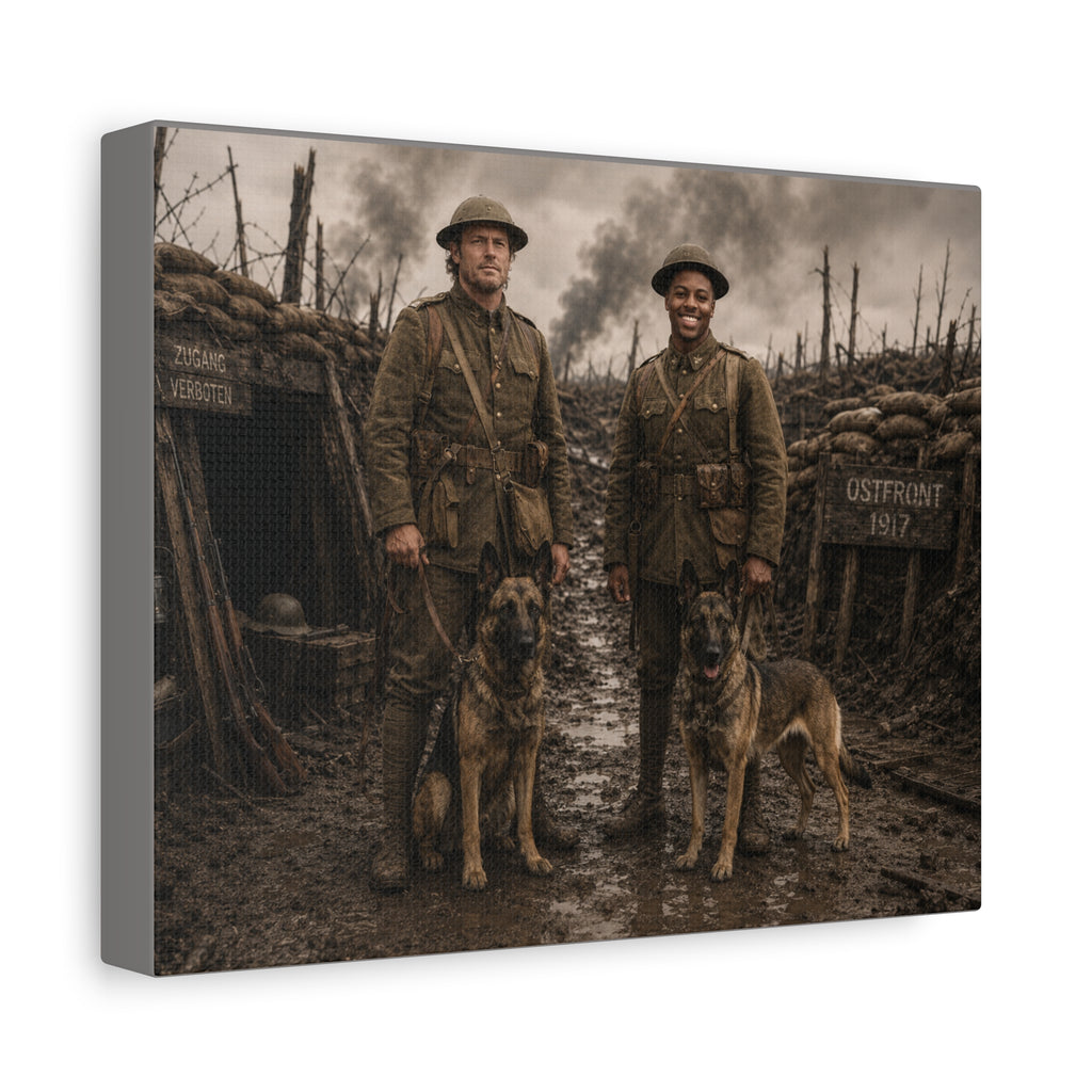World War I Soldiers & Dogs Matte Canvas Print — Vintage Trench Photo Wall Art