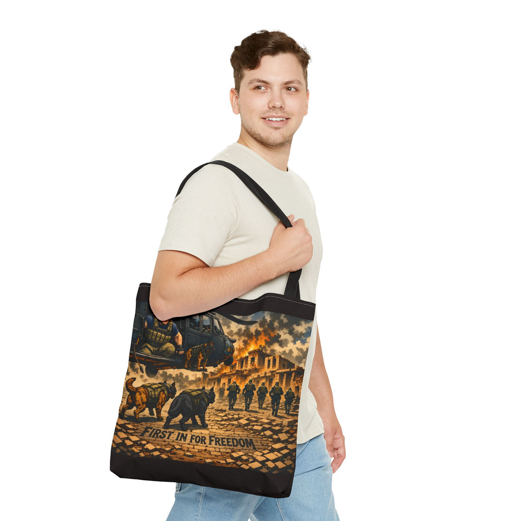 Tote Bag — "First In For Freedom" Military Scene Tote