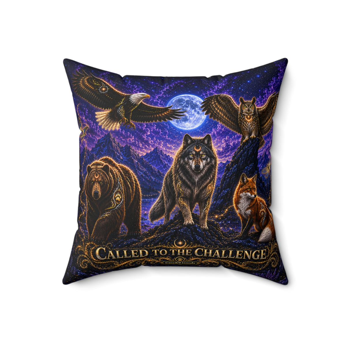 Called to the Challenge Wildlife Moon Pillow — Wolf, Bear & Owl Nature Throw Pillow