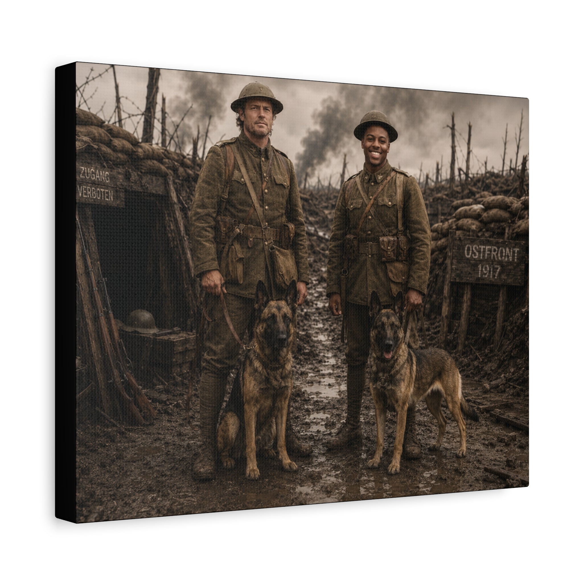 World War I Soldiers with Dogs Matte Canvas Wall Art – 1917 Trench Scene