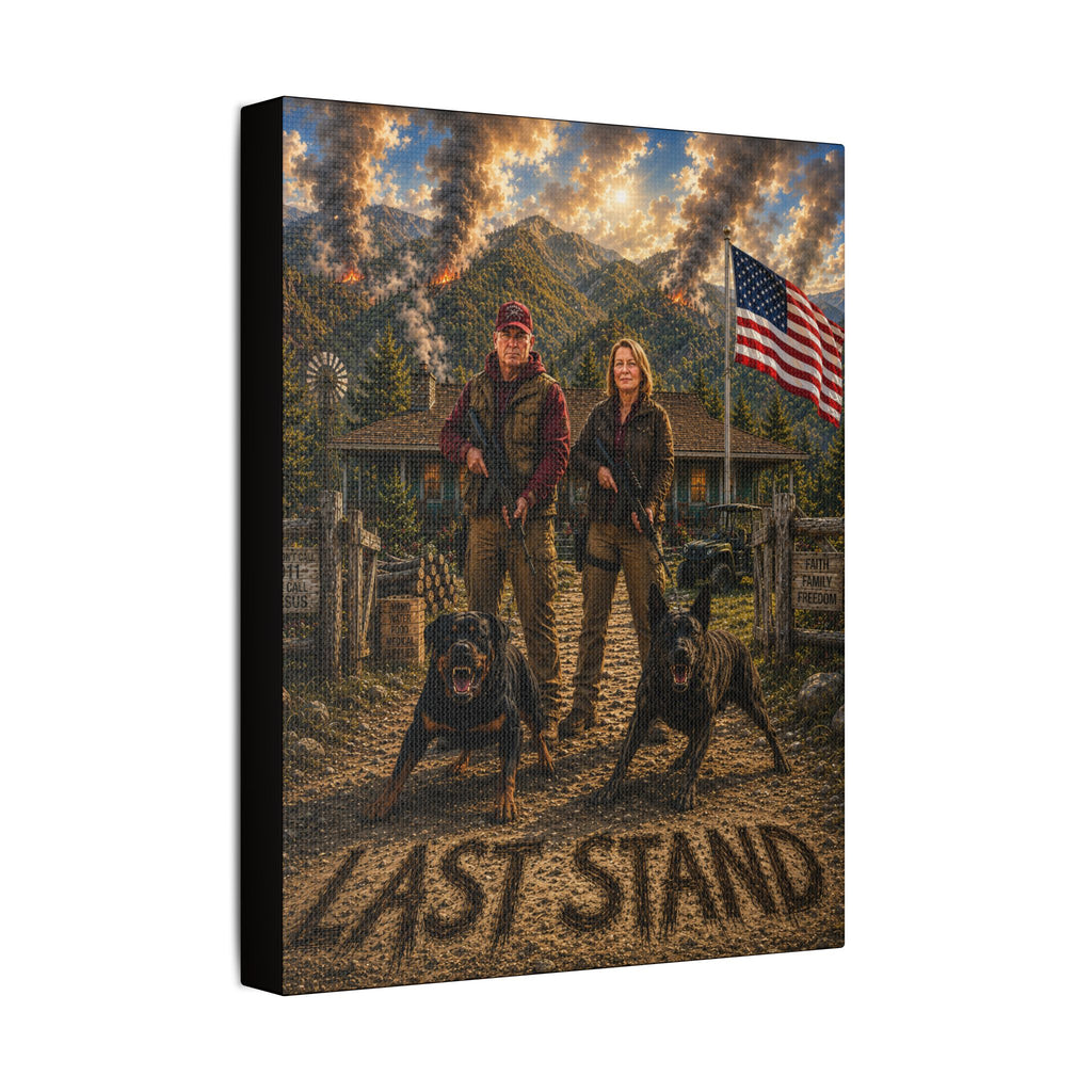Last Stand Satin Canvas Wall Art — Patriotic Hunting Couple with Dogs