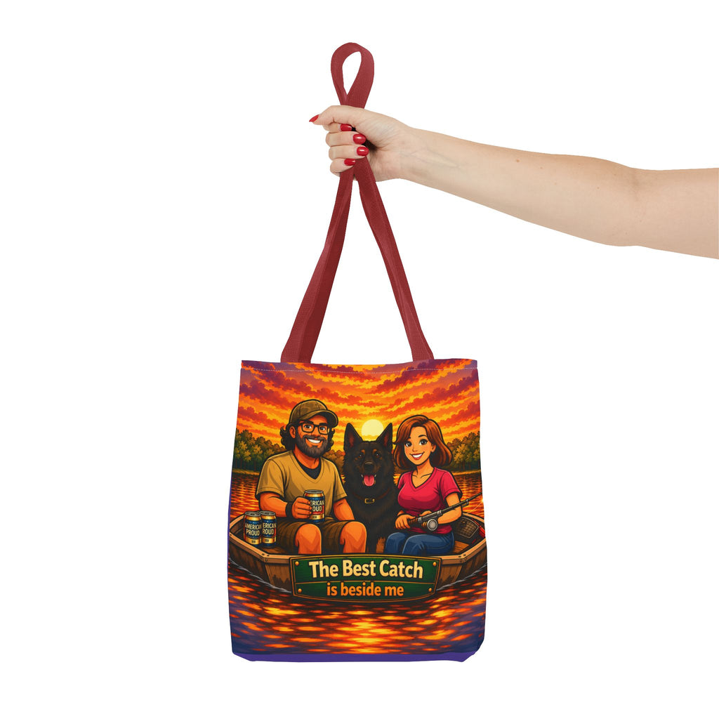 Tote Bag — "The Best Catch Is Beside Me" Fishing Couple & Dog Sunset Tote