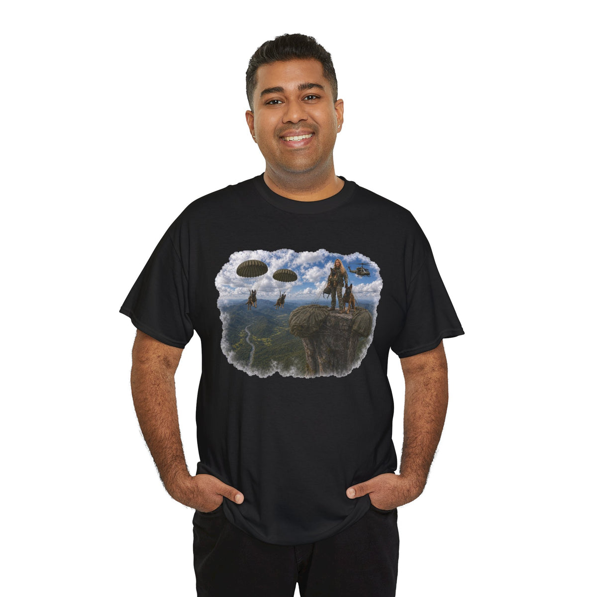 Fantasy Adventure T-Shirt — Warrior on Cliff with Airship Sky Scene