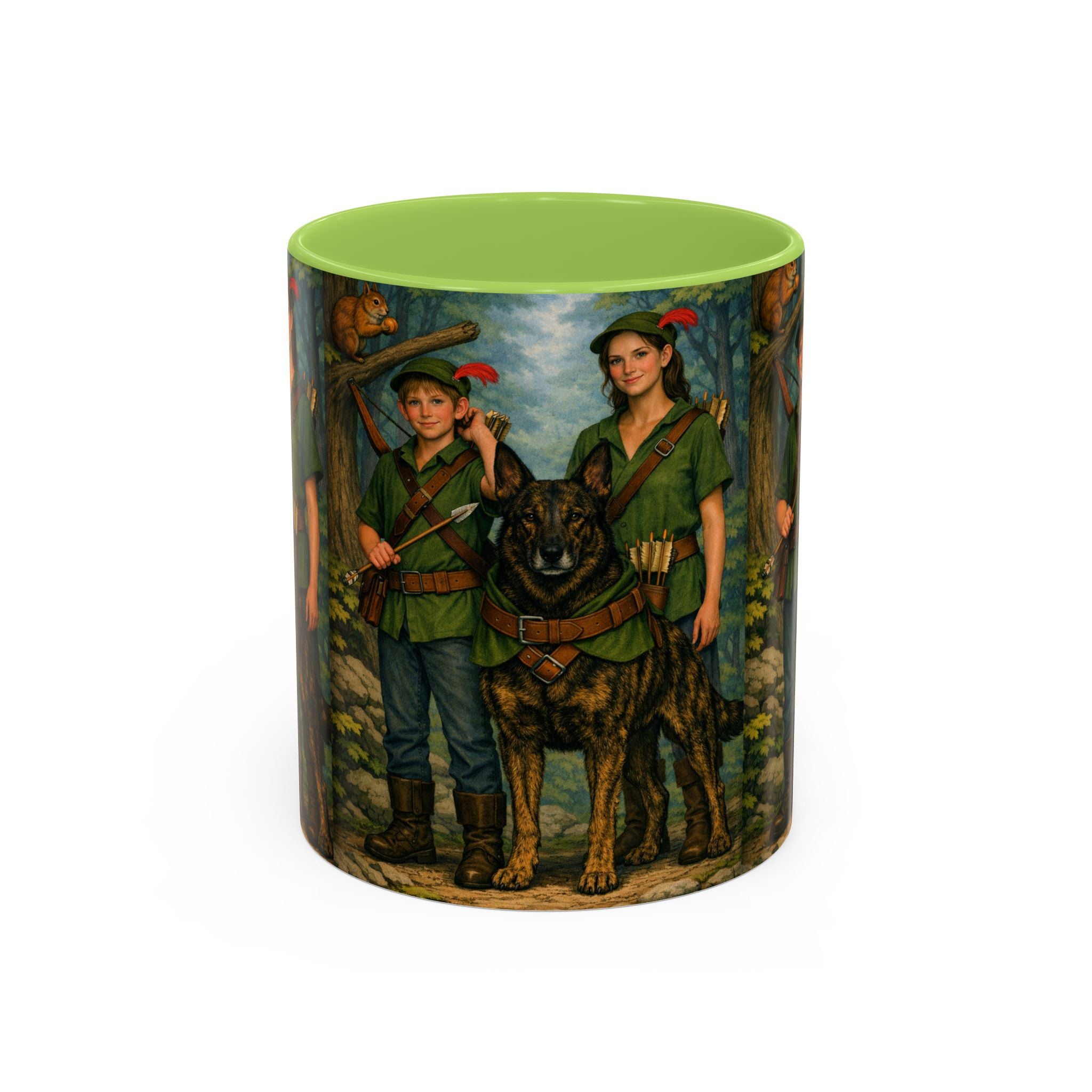 Robin Hood Duo &  Dutch Shepherd Dog Coffee Mug – Fantasy Archer Duo Illustration, Gift for Adventure Fans