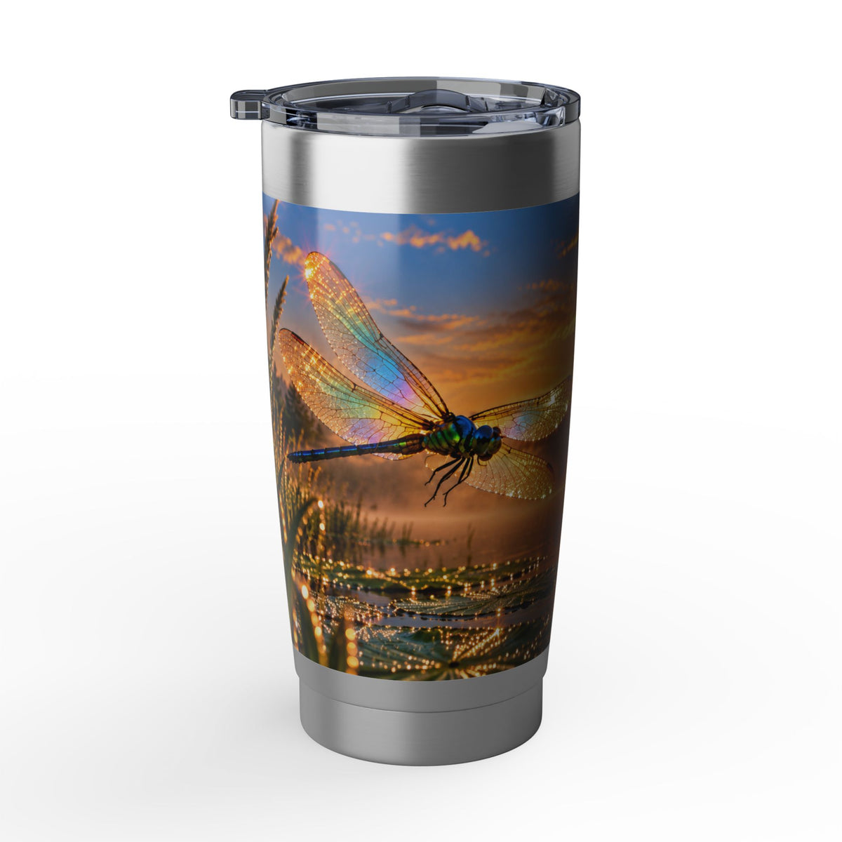Dragonfly Scripture Sunset Lakeside 20oz Tumbler — Inspirational Bible Scripture Travel Mug