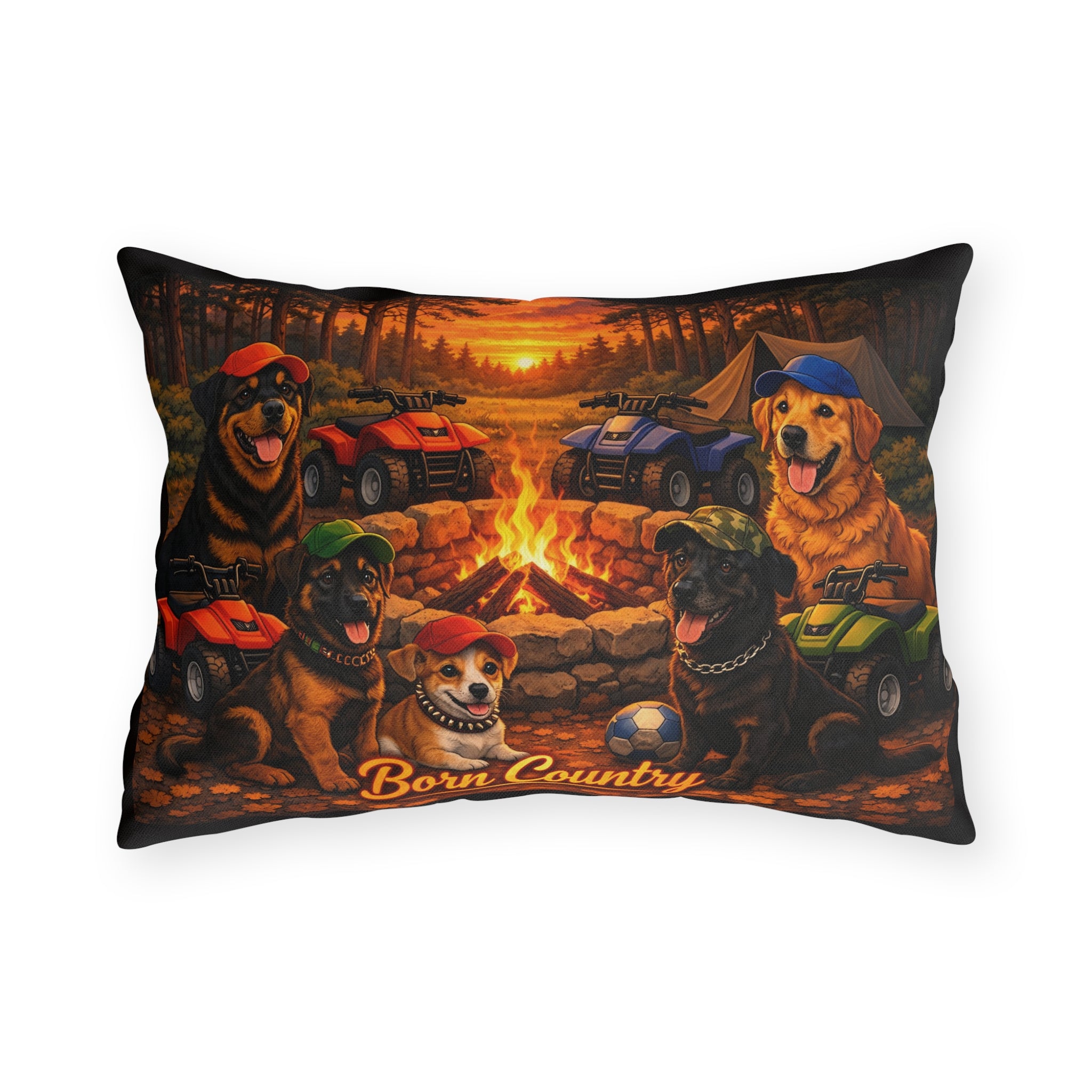 Born Country Camping Dogs Outdoor Pillow — Campfire ATV Canine Throw
