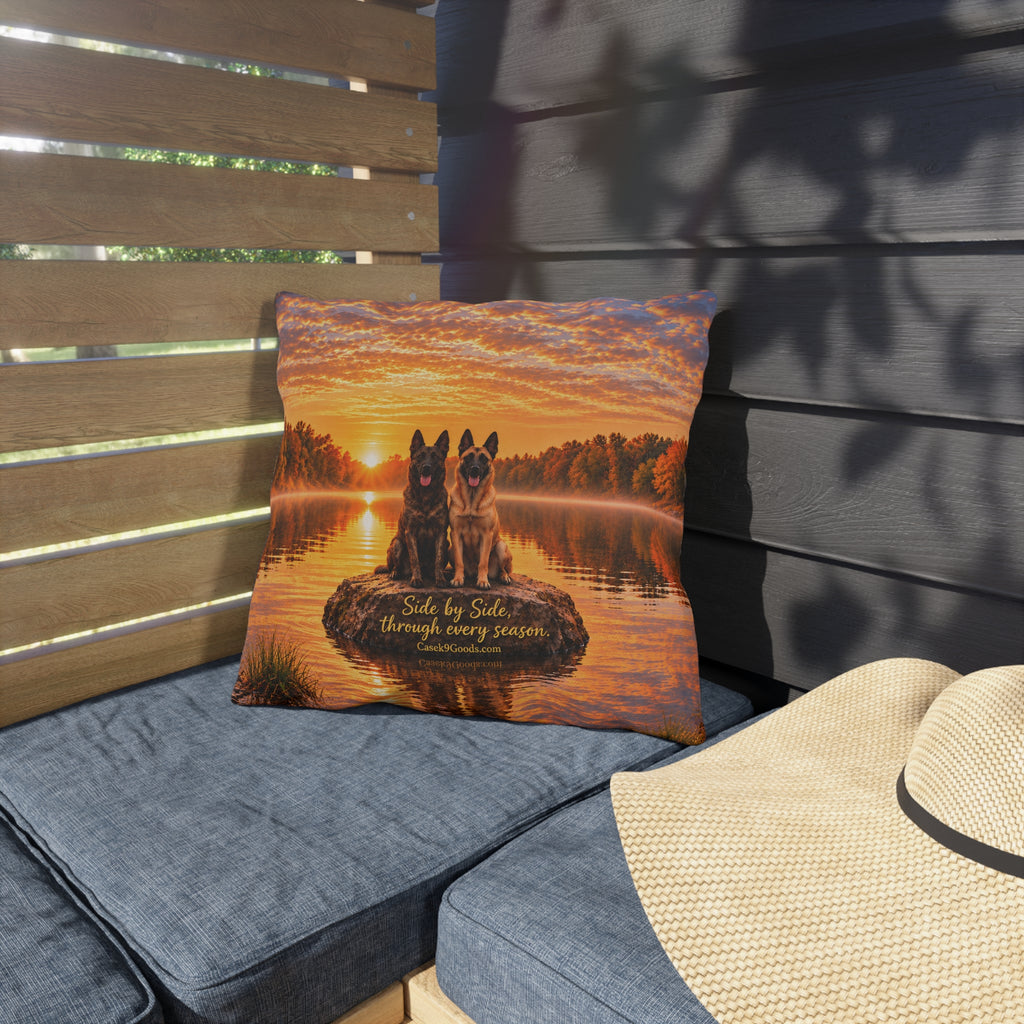 Dutch Shepherd & Belgian Malinois Outdoor Pillow – “Side by Side Through Every Season” Sunset Lake Decor