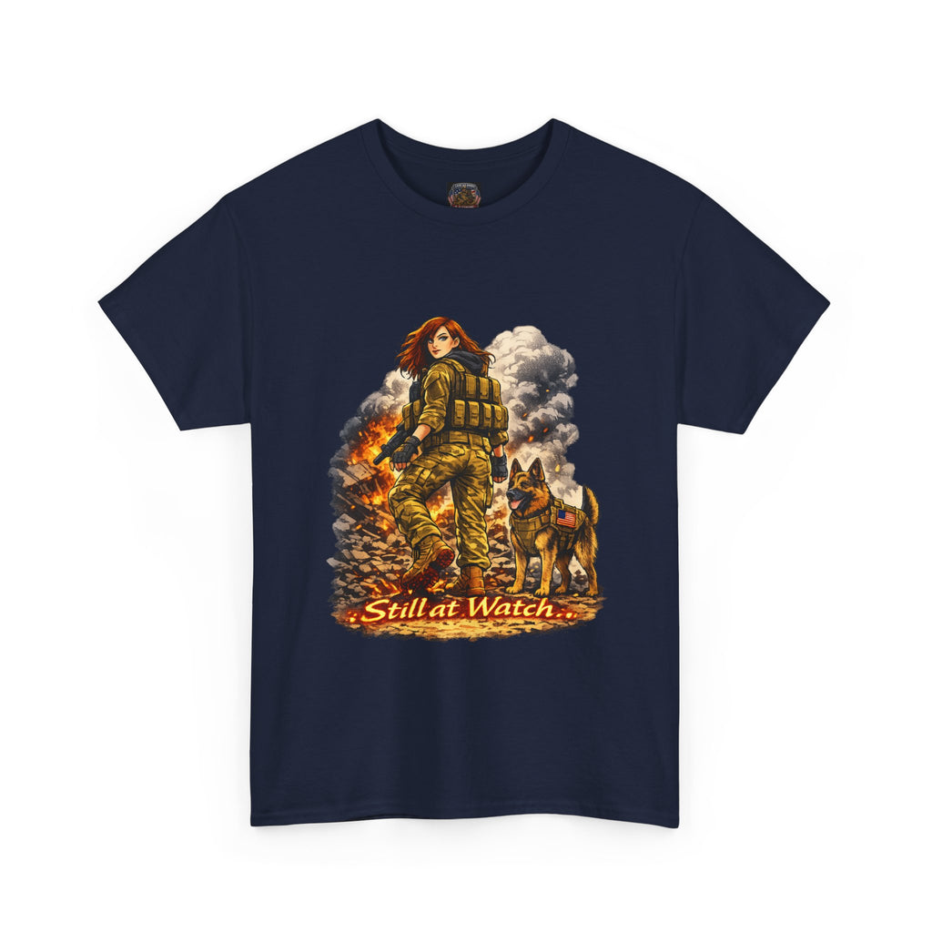 T-Shirt — "Still at Watch" Military Woman & K9 Fire Scene Graphic Tee