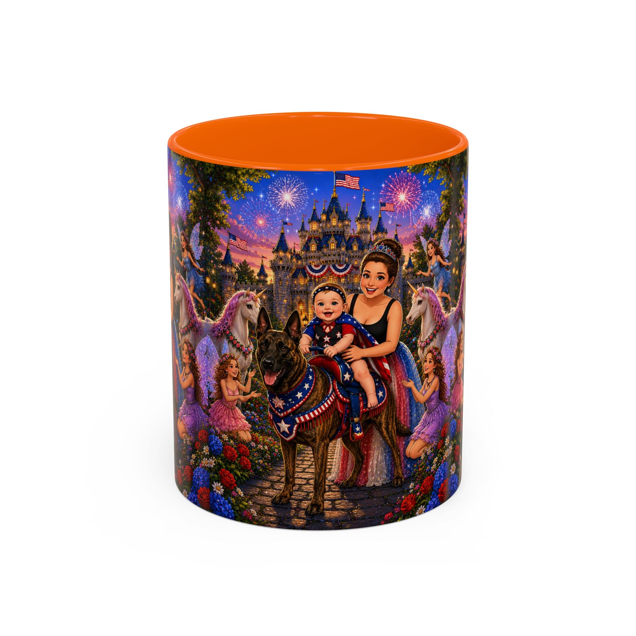 Patriotic Fairy Tale Coffee Mug — Family Castle, Fireworks & Unicorns