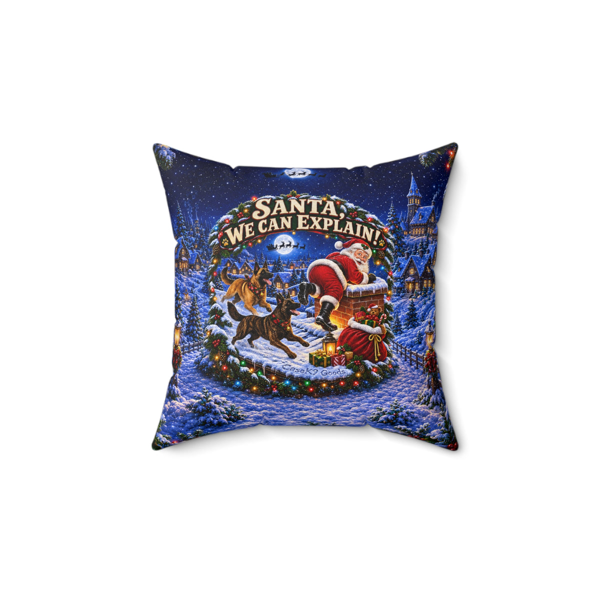Christmas Dutch Shepherd Throw Pillow — “Santa We Can Explain!” Spun Polyester Holiday Throw Pillow
