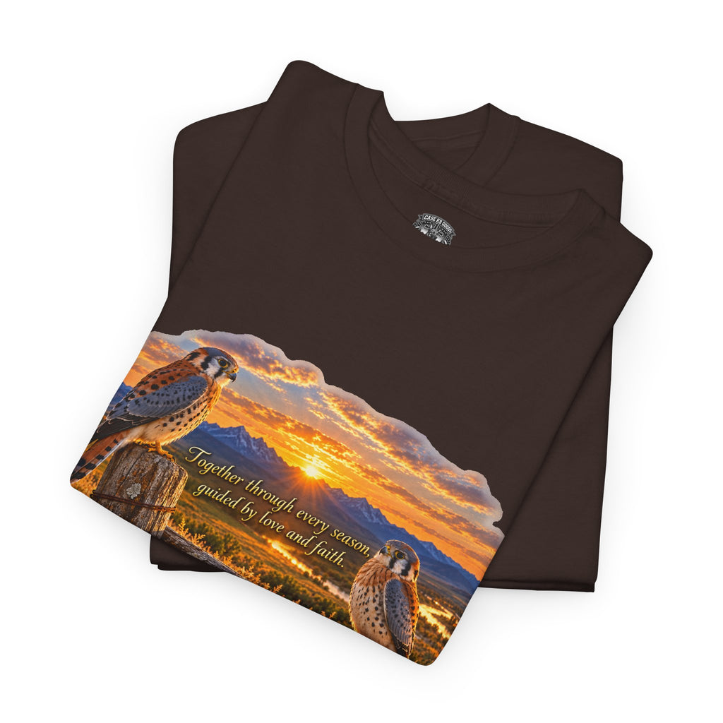 Desert Sunset Kestrels T-Shirt — Prairie Sunrise Hawk Pair Tee