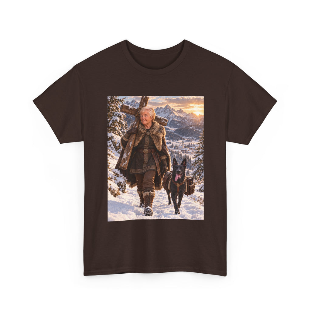 Winter Faith Warrior T‑Shirt — Explorer with Malinois Dog Scenic Graphic Tee