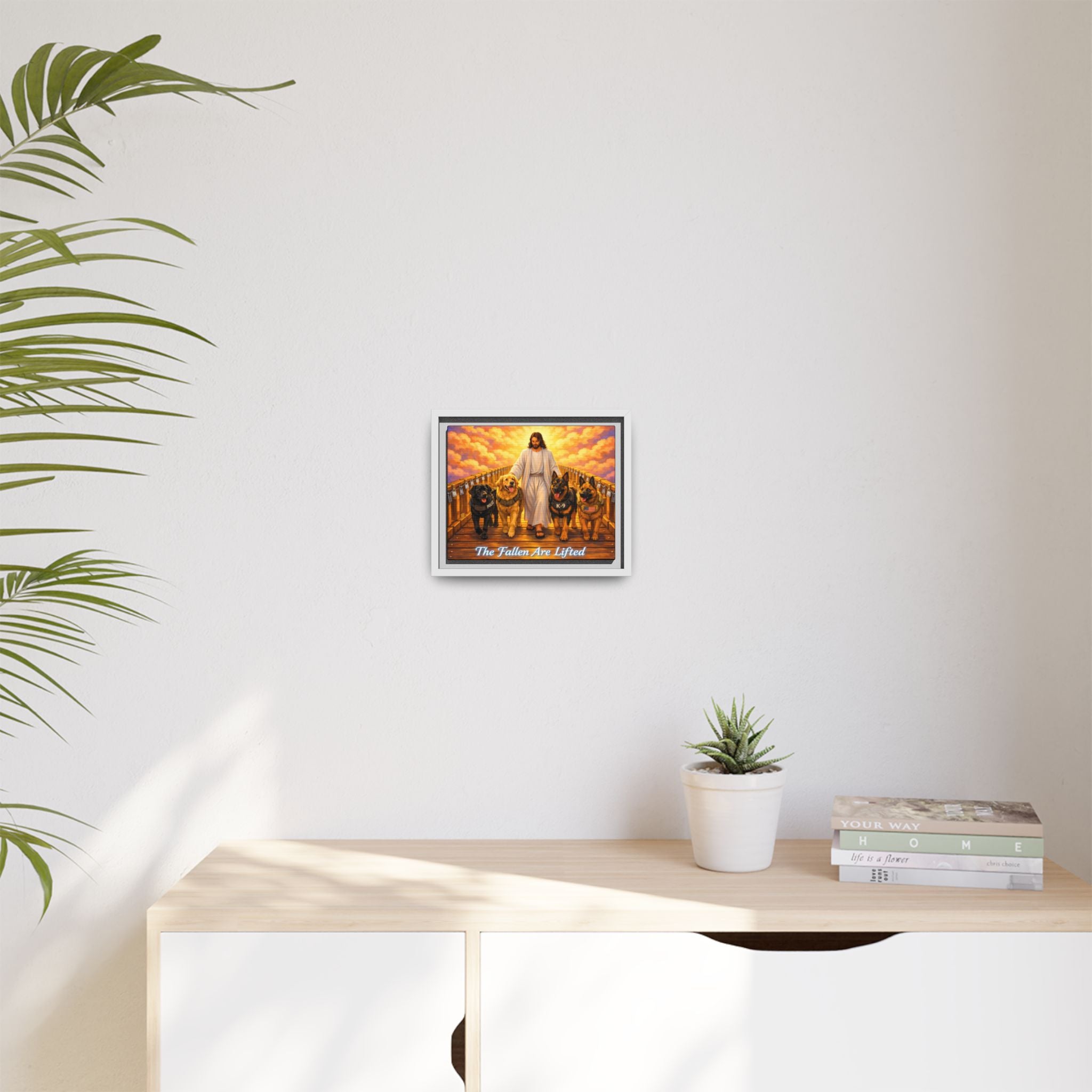 Framed Canvas Wall Art – “The Fallen Are Lifted” Jesus with K-9 Dogs Memorial Print