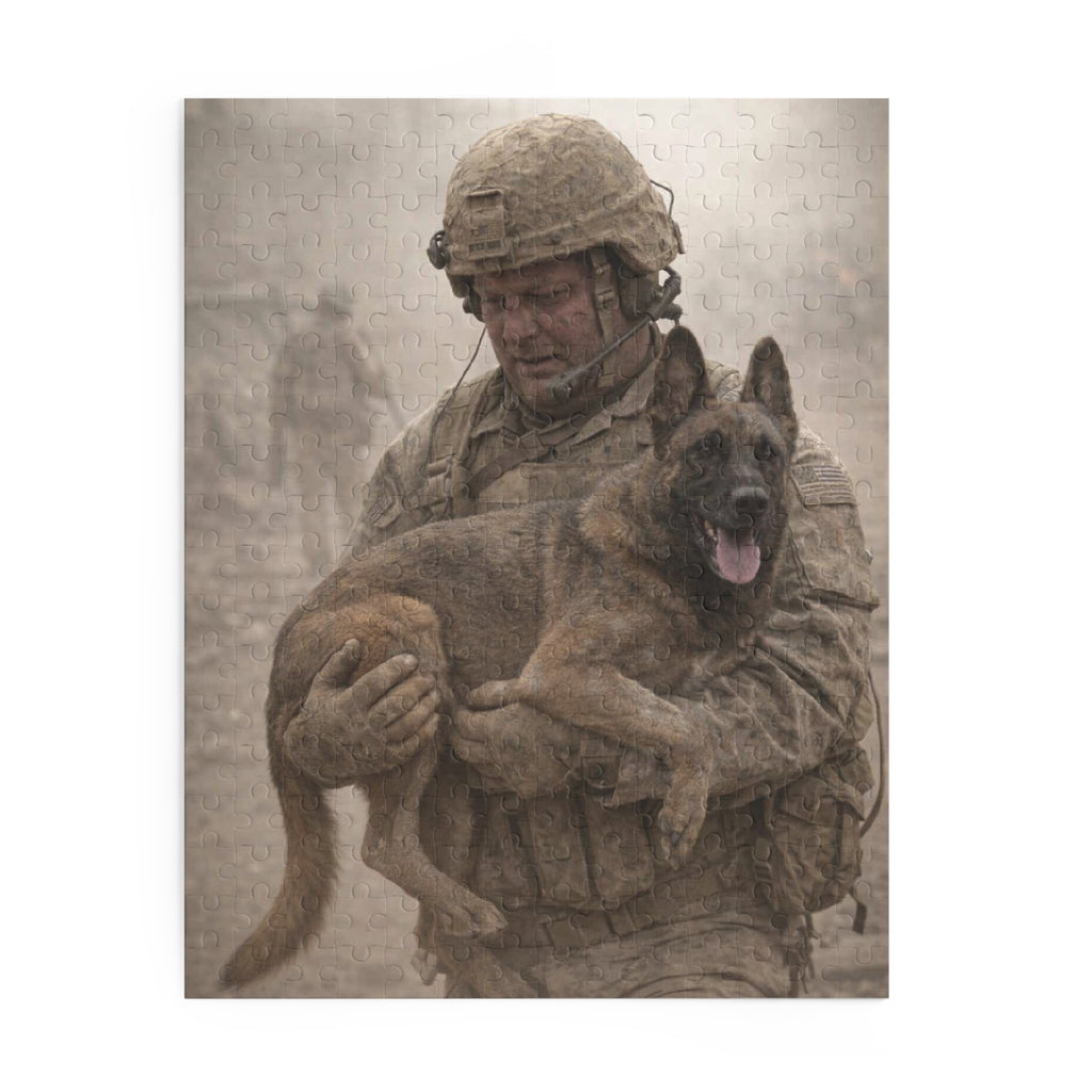 Military Soldier Holding K9 Dog Puzzle – 120/252/500-Piece Memorial Jigsaw