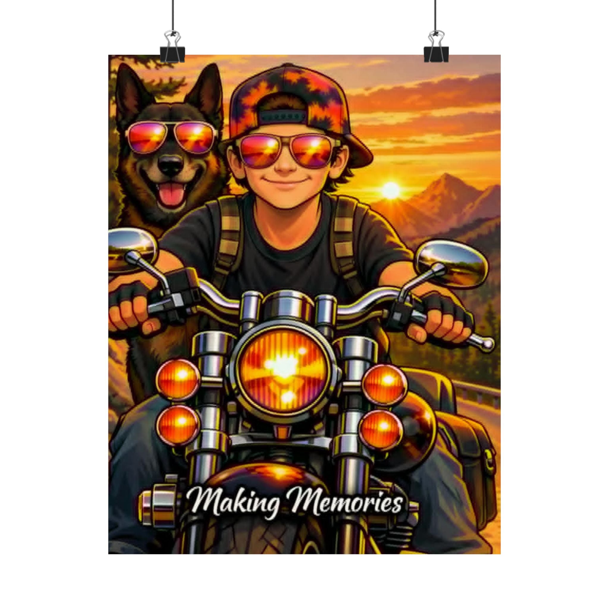 Satin Poster – 'Making Memories' Motorcycle Rider & Dog Sunset Print (210gsm)