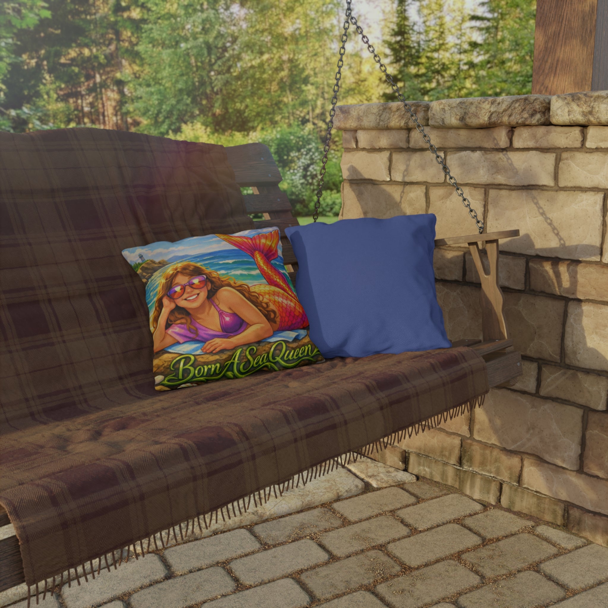 Mermaid "Born A Sea Queen" Outdoor Pillow — Colorful Beach Patio Cushion