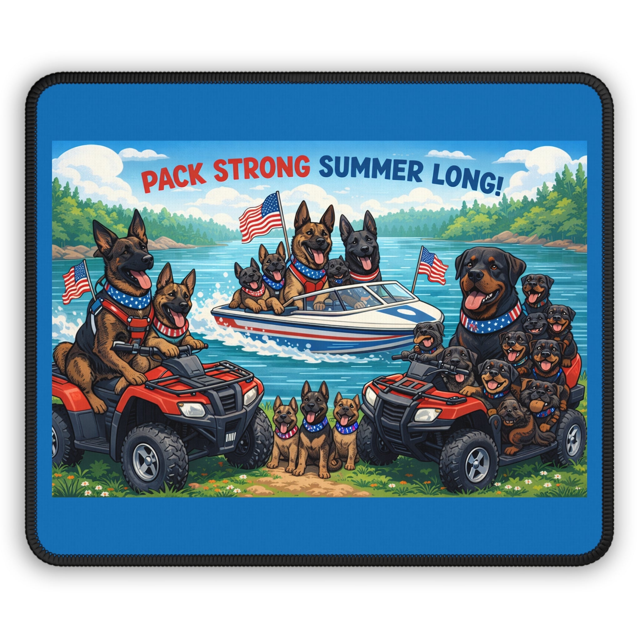 Pack Strong Summer Long Gaming Mouse Pad — Patriotic German Shepherds Lake Scene